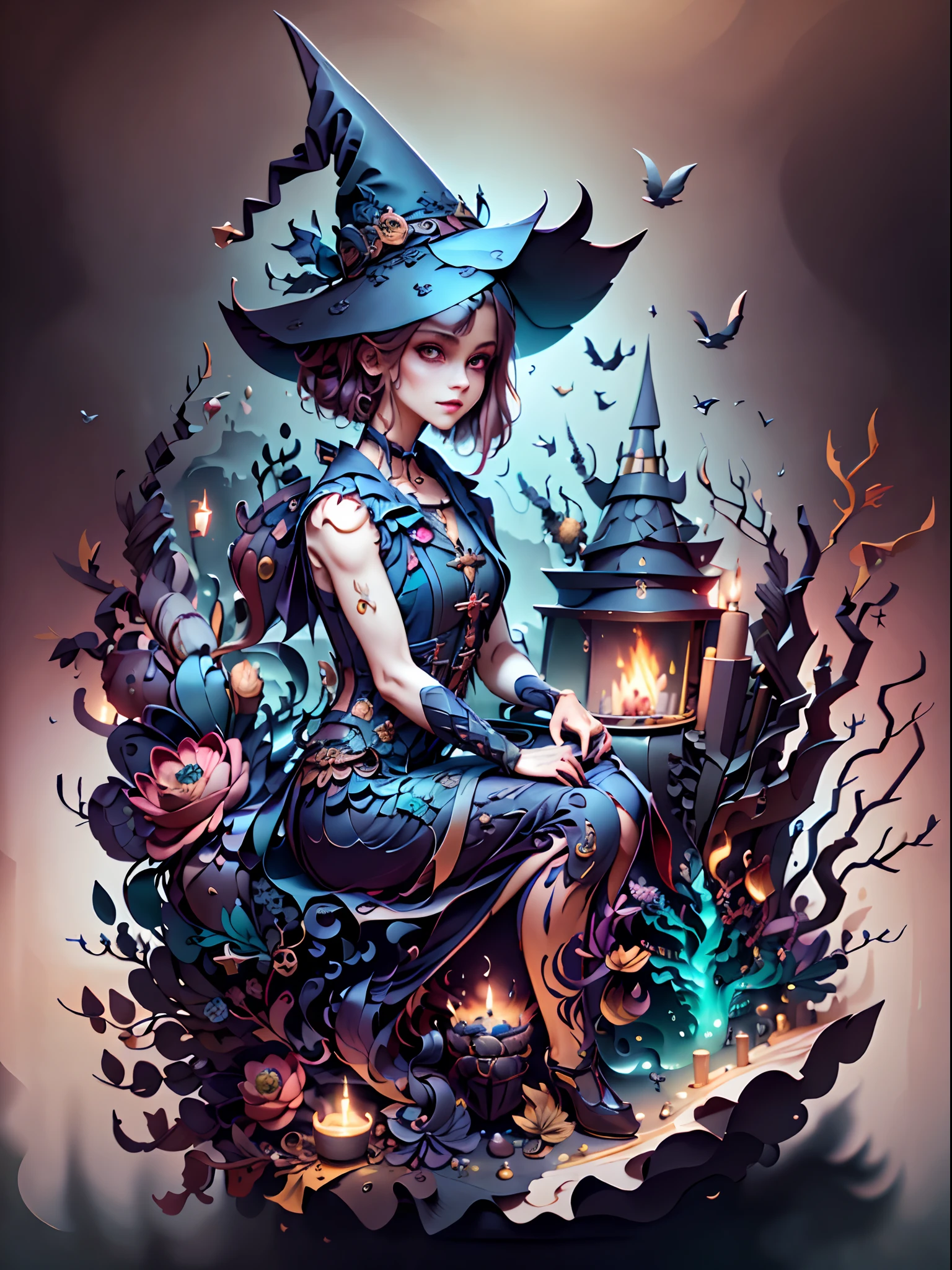 (((masterpiece))),best quality, illustration, WitchcraftPunkAI fashion, 1girl, A witch wearing witch outfit, witch hat. vibrant color scheme, Soft light,(warm color:1.2),Water color painting, light background, best quality exquisite details,3d rendering,Octane render, pastel, paper_cut.