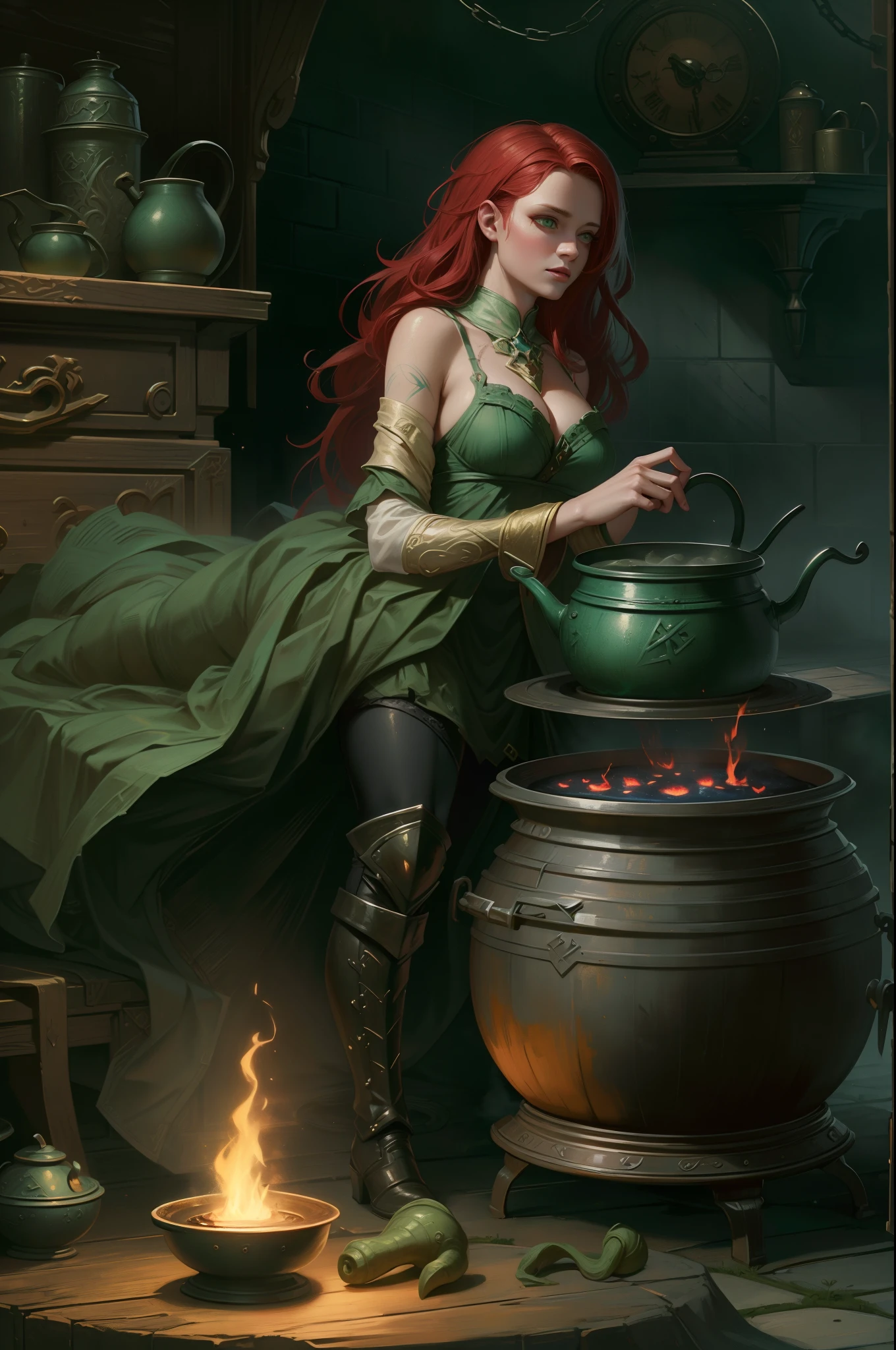 high details, best quality, 16k, RAW, [best detailed], masterpiece, best quality, (extremely detailed), full body (best details, Masterpiece, best quality), , ultra wide shot, photorealistic, fantasy art, RPG art, D&D art, a picture of a woman, witch brweing dark matter over big cauldron in the fire place, middle aged woman, exquisite beautiful woman (best details, Masterpiece, best quality), ultra detailed face (best details, Masterpiece, best quality), red hair, long hair, wavy hair, dynamic eye color, pale skin, green dress (best details, Masterpiece, best quality), wearing black boots, large boilng cauldron, black cauldron, green mists GlowingRunes_green, coming from cauldron, a stove, middles ages house background, dim fire light, High Detail, Ultra High Quality, High Resolution, 16K Resolution, Ultra HD Pictures, 3D rendering Ultra Realistic, Clear Details, Realistic Detail, Ultra High Definition Waiting to start