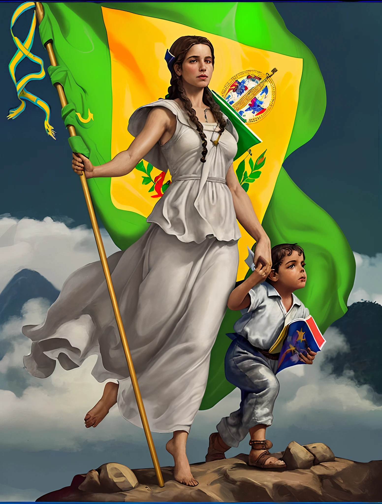 painting of a woman holding a flag and a child holding a book, by Juan O'Gorman, by Juan Fernando Cobo, by Arturo Rivera, by José Malhoa, by Benito Quinquela Martín, by Carlos Enríquez Gómez, by Noe Canjura, by Carlos Trillo Name, by Ramón Silva, make it more realistic like real human, and remove sign of artist , add christ the redeemer statue top of the mountain