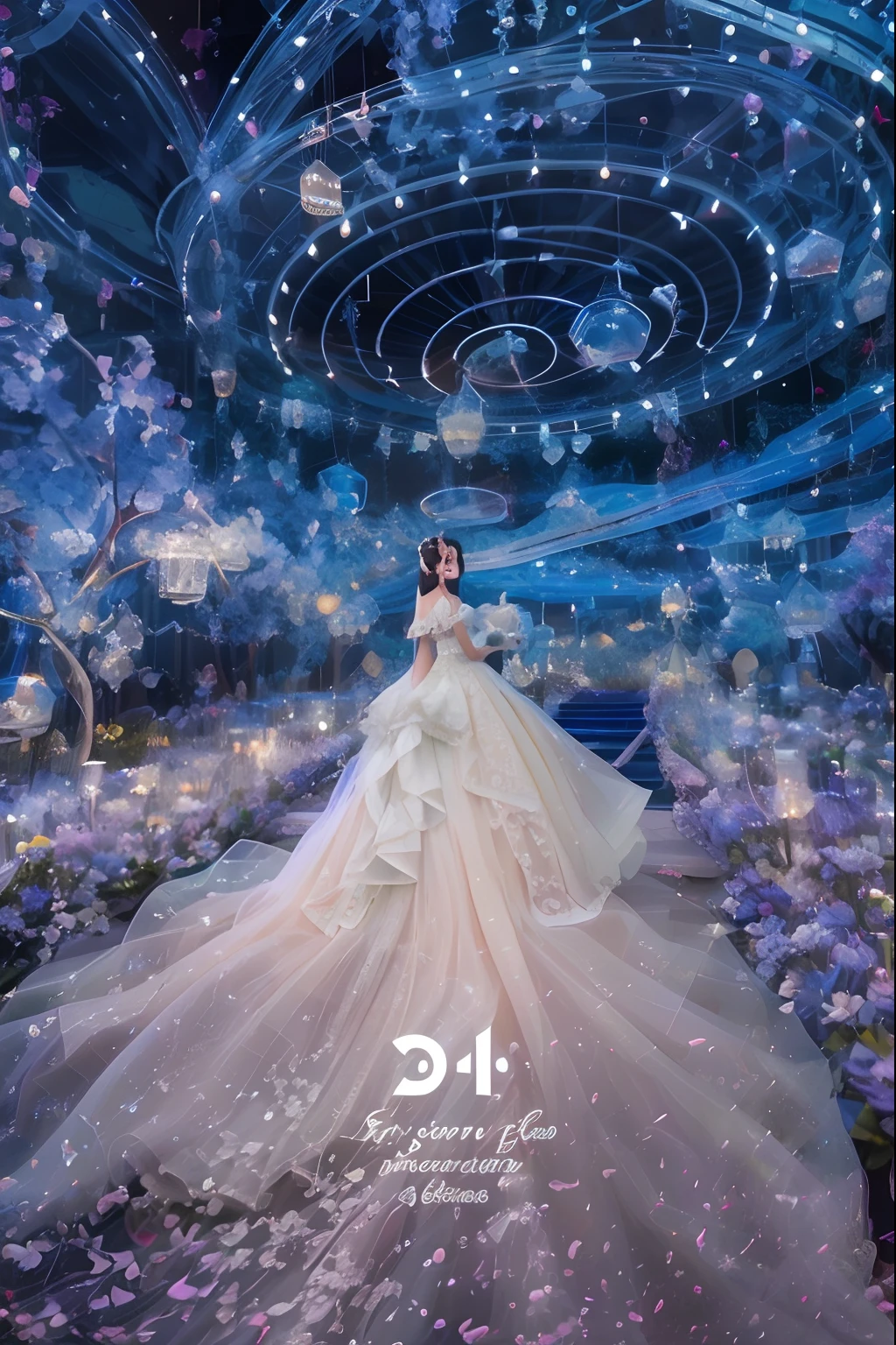 A woman in a wedding dress stands in the garden, very magical and dreamy, ethereal fairytale, dreamy and detailed, dreamy atmosphere and drama, Dramatic dream lighting, Ethereal fantasy, Ethereal and dreamy theme, Dreamlike!, dreamy dress, Digital SLR fantasy, fantasy long intricate gown, dreamlike art, dreamlike lighting, dreamlike surrealism, Dreamlike, of ethereal fantasy