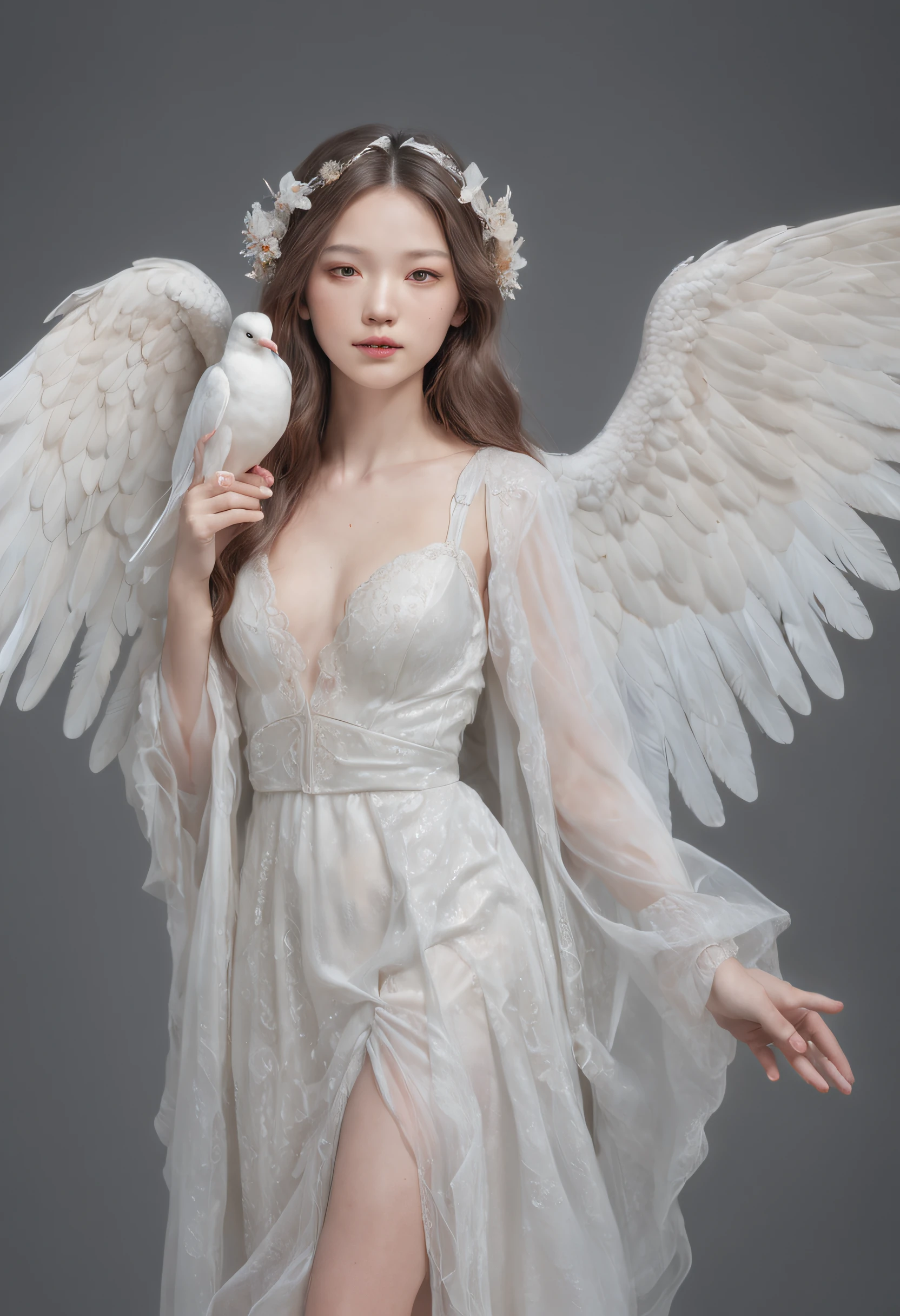 a drawing,The painting depicts a woman with white wings and a dove, Full body like,inspired by Miho Hirano, watercolor detailed art, author:Mary Angel, inspired by Naoko Takeuchi, inspired by Marie Angel, Alphonse mucha and rossdraws, ethereal fairytale, Inspired by Rebecca Gay, trending on artstration, watercolor colored painting, Watercolor illustration style, goddess of love and peace, mysterious, club, Nigo, Gopro view, textured, High contrast, Game icon, Bohemian colors, McBrin, X-ray illumination, Super detailed, photorealistic materials, Interior design, V-Ray rendering, 4K,Full body like,