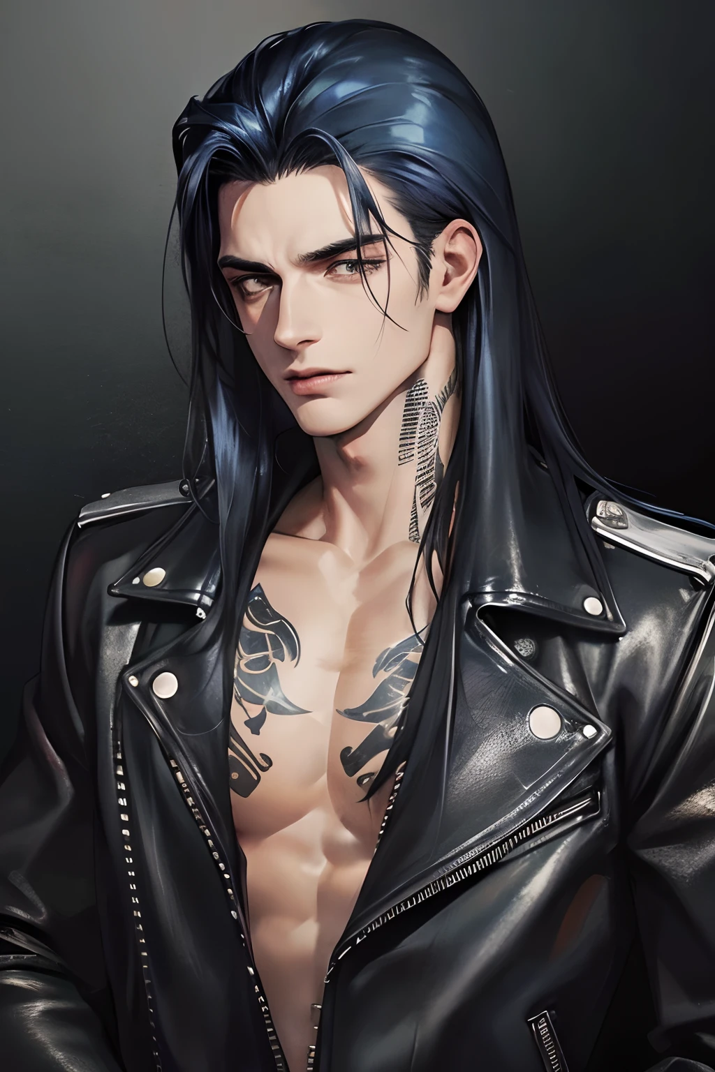 Boy, Black hair, long hair, Mullet, tatto on chest, ganster