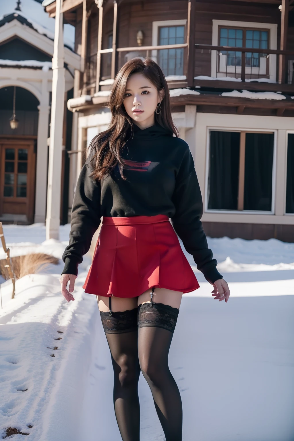 Winters，snow landscape，Beautiful teenage girl，lacepantyhose，Red，Sweatshirt，black short skirt，Lace tights，围巾，depth of fields，Real light，Ray traching，OC renderer，UE5 renderer，Hyper-realistic，best qualtiy，8K，Works of masters，super-fine，Detailed pubic hair，Correct anatomy，Full body photo，are standing，cowboy shot,