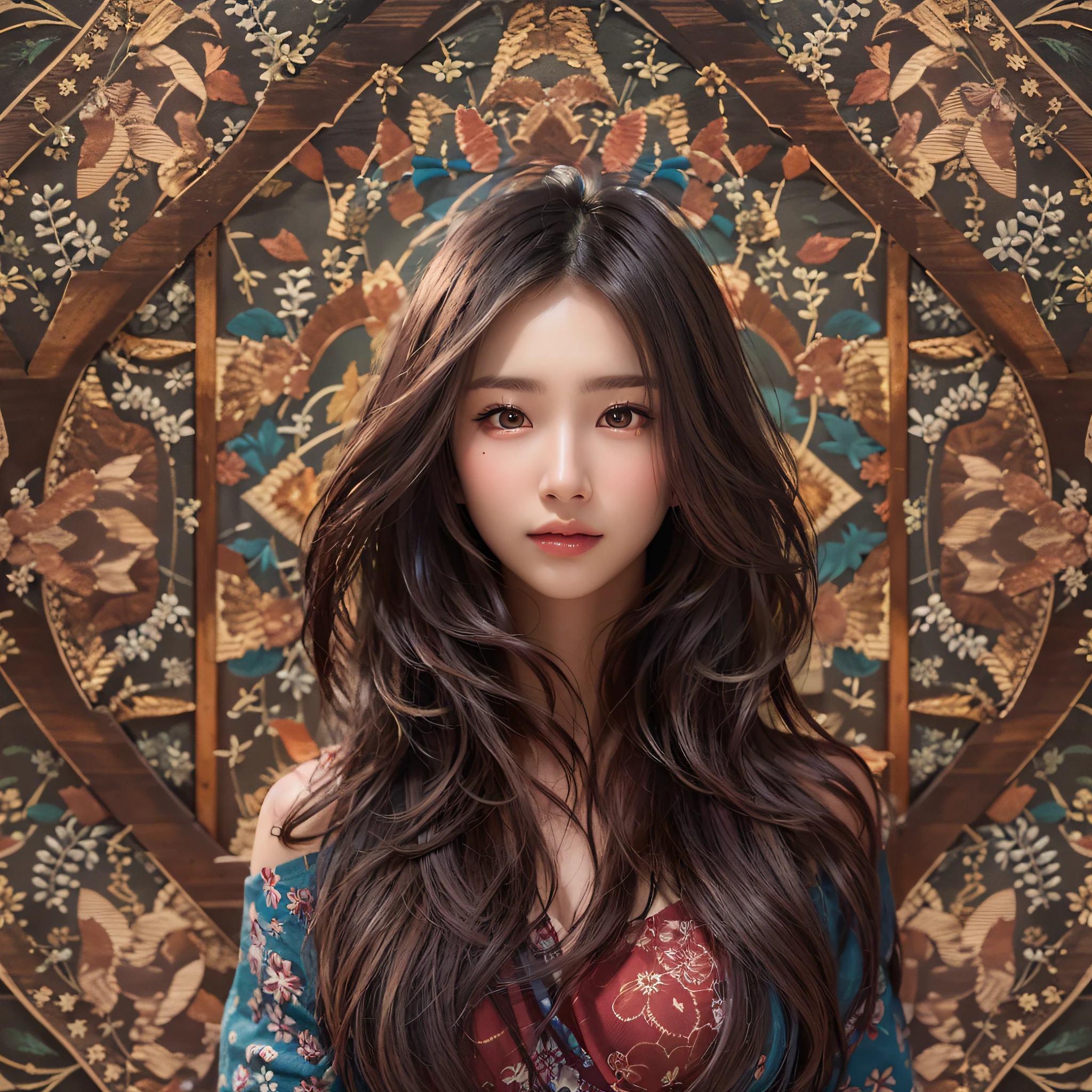 (Background, symmetrical, Compositions with colorful geometric arabesque patterns):1.3, (high shadows detail), (long hair, dark brown hair),  best quality, masterpiece, ultra high res, (photorealistic:2), RAW photo, (1woman:1.3, solo), (asian girl, ultra delicate face, ultra delicate eyes, ultra detailed nose, ultra detailed mouth, ultra detailed facial features), (sexually flattering clothing), (medium breast:1.3), from the front side, (shiny skin), Show cleavage, pan focus