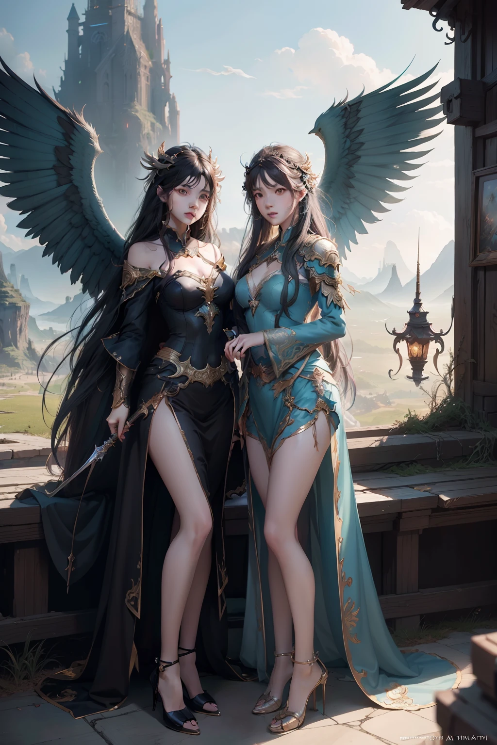 Two women in winged dresses stand side by side, digital art by Fan Qi, cgsociety contest winner, Fantasy art, wlop and ross thran, loish and ross tran, WLOP and Sakimichan, wlop and andrei riabovitchev, ross tran and bayard wu, Loish et WLOP