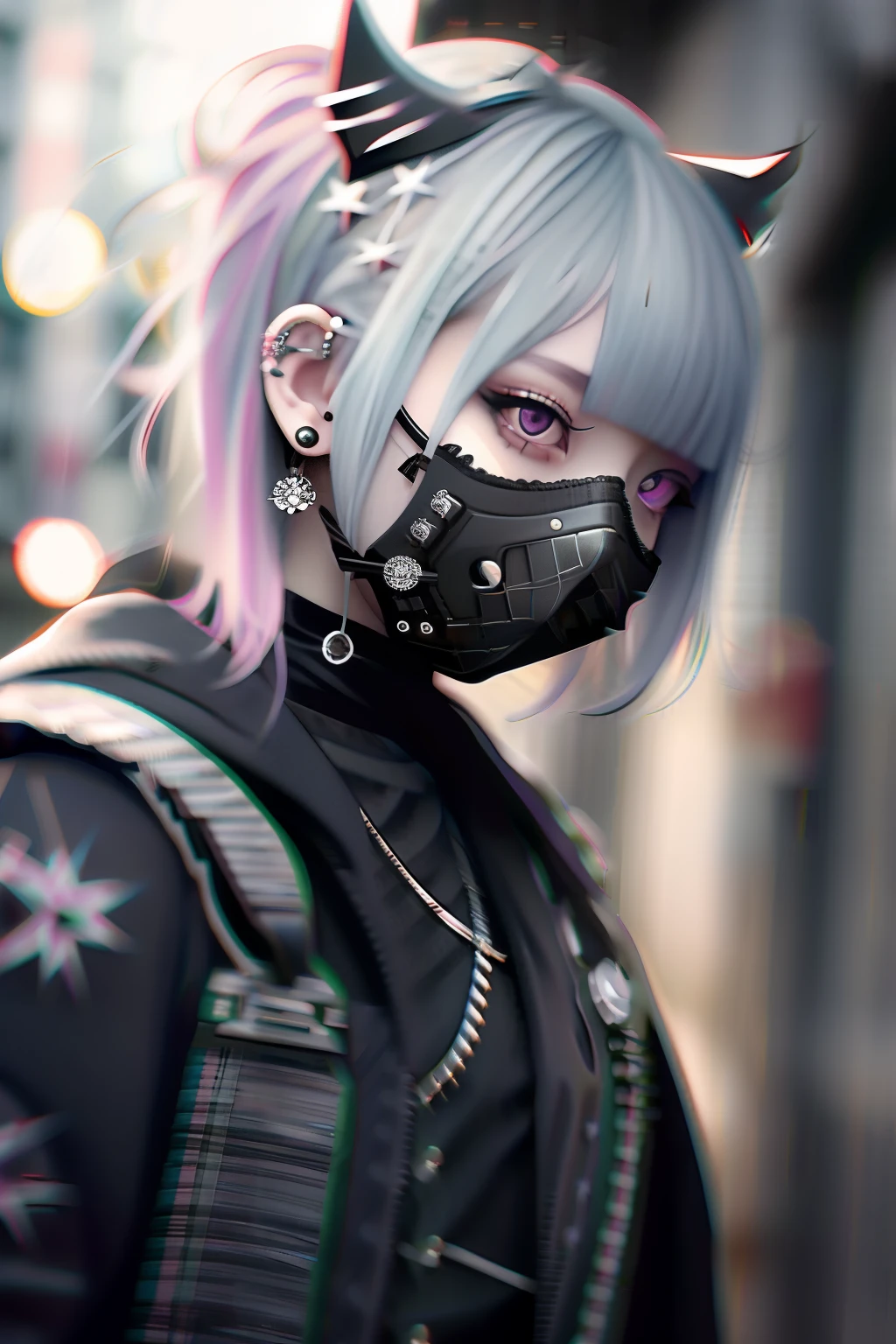 goth_punk, 1girl, solo, medium shot, walking in harajuku, ((night time)), bokeh, neon light, iridescent eyes, starry sky, white shimmer hair, white eyebrow, glowing hair, (iridescent white hair), earrings, bangs, jewelry, mask, blunt bangs, green eyes, mouth mask, blurry background, blurry, hair ornament, looking at viewer, short hair, portrait, sidelocks