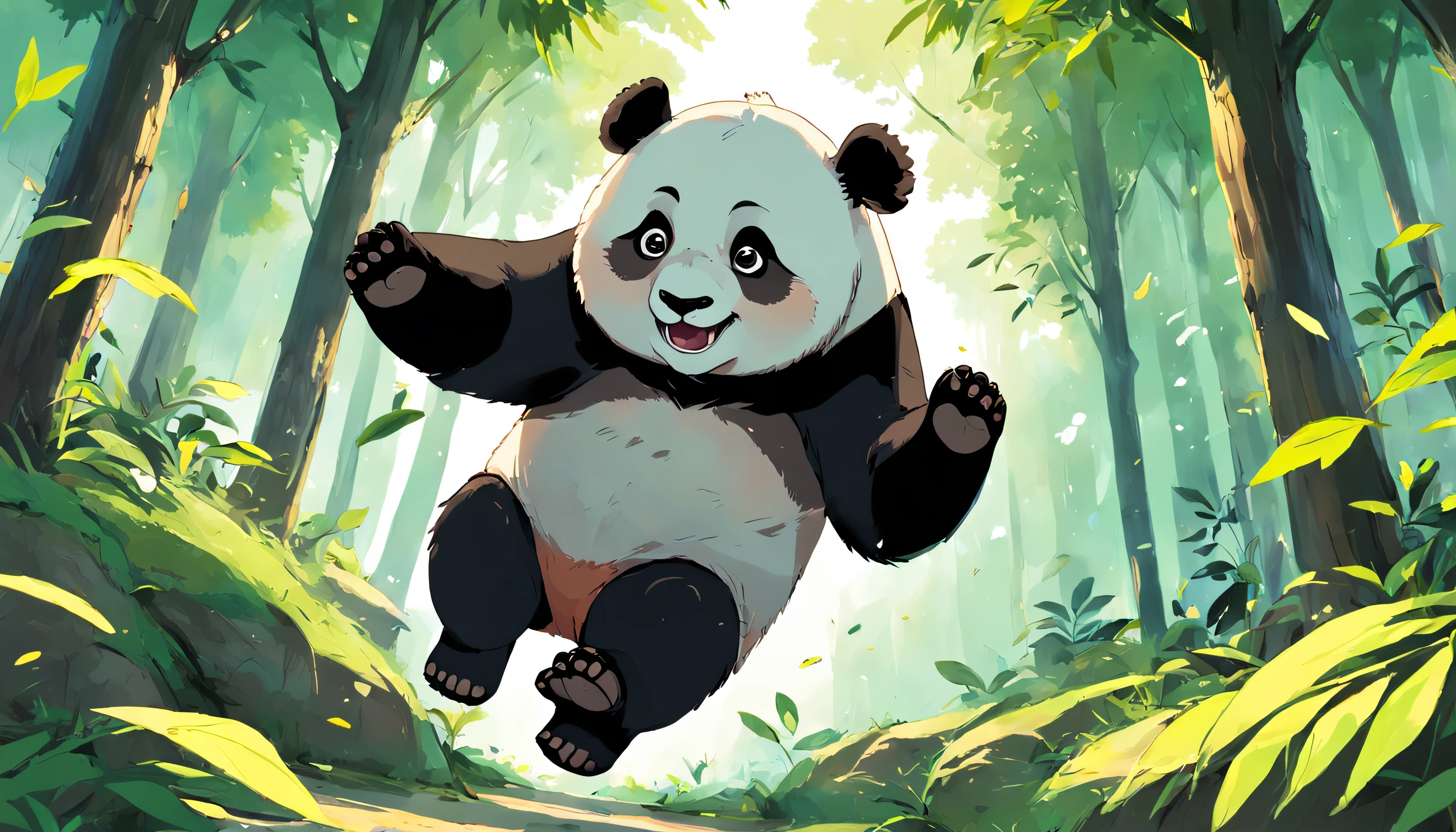 Draw the panda dreaming of running and jumping in a lush forest. The panda is running and jumping among the lush trees, breathing in the fresh air. He is eating the types of leaves he likes, and meeting other animals like squirrels, rabbits, and so on. The panda is incredibly happy. The painting should use bright, vibrant colors to express the panda's happiness.