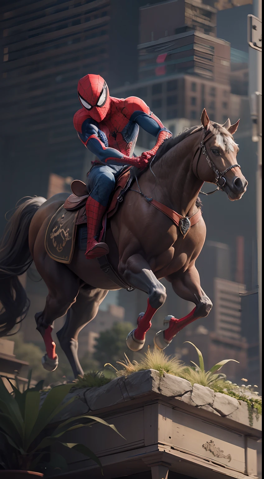 Spiderman riding horse. octane render, unreal engine, highly detailed, intricate