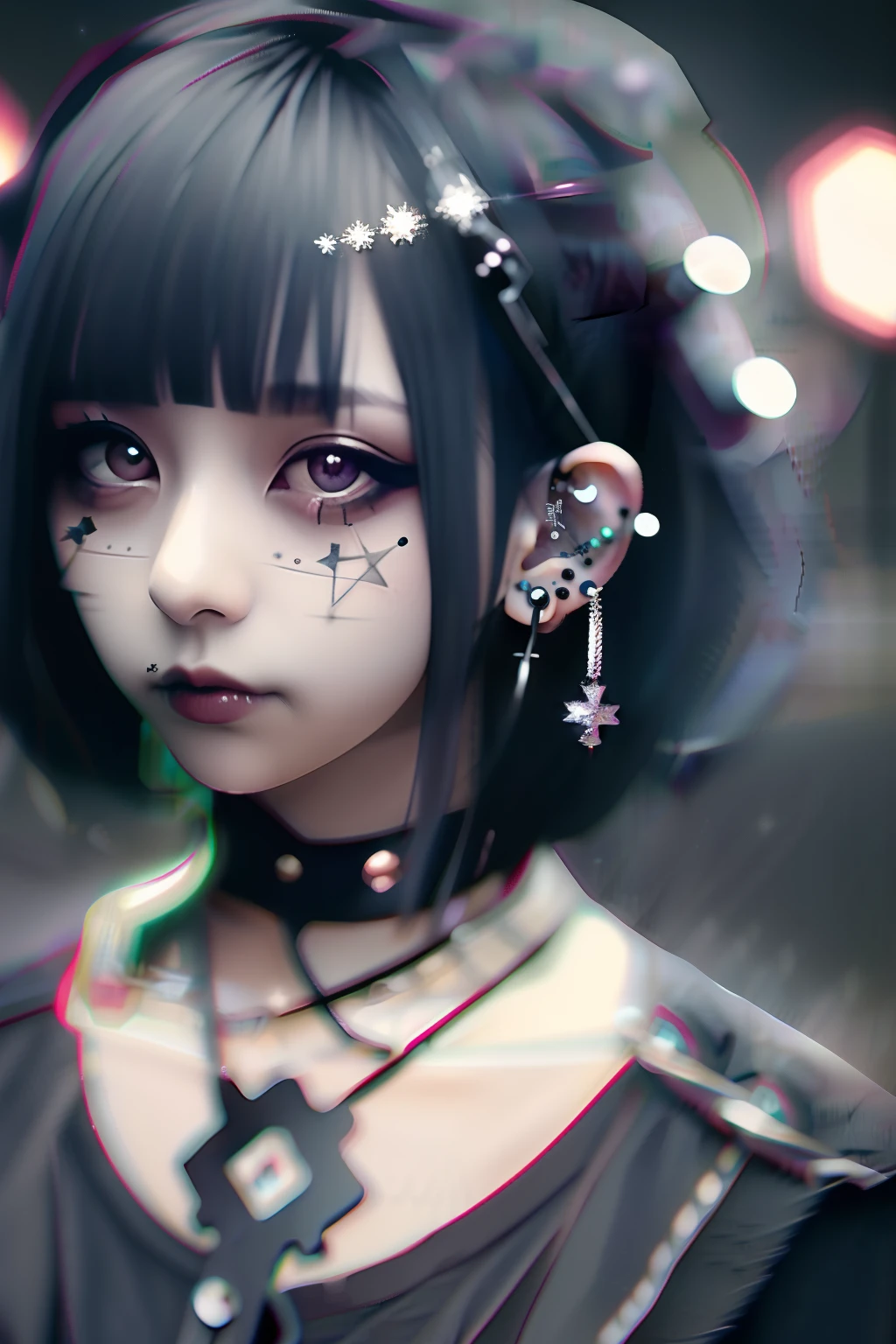 goth_punk, 1girl, solo, medium shot, walking in harajuku, ((night time)), bokeh, neon light, iridescent eyes, starry sky, white shimmer hair, white eyebrow, glowing hair, (iridescent white hair), earrings, bangs, jewelry, mask, blunt bangs, green eyes, mouth mask, blurry background, blurry, hair ornament, looking at viewer, short hair, portrait, sidelocks