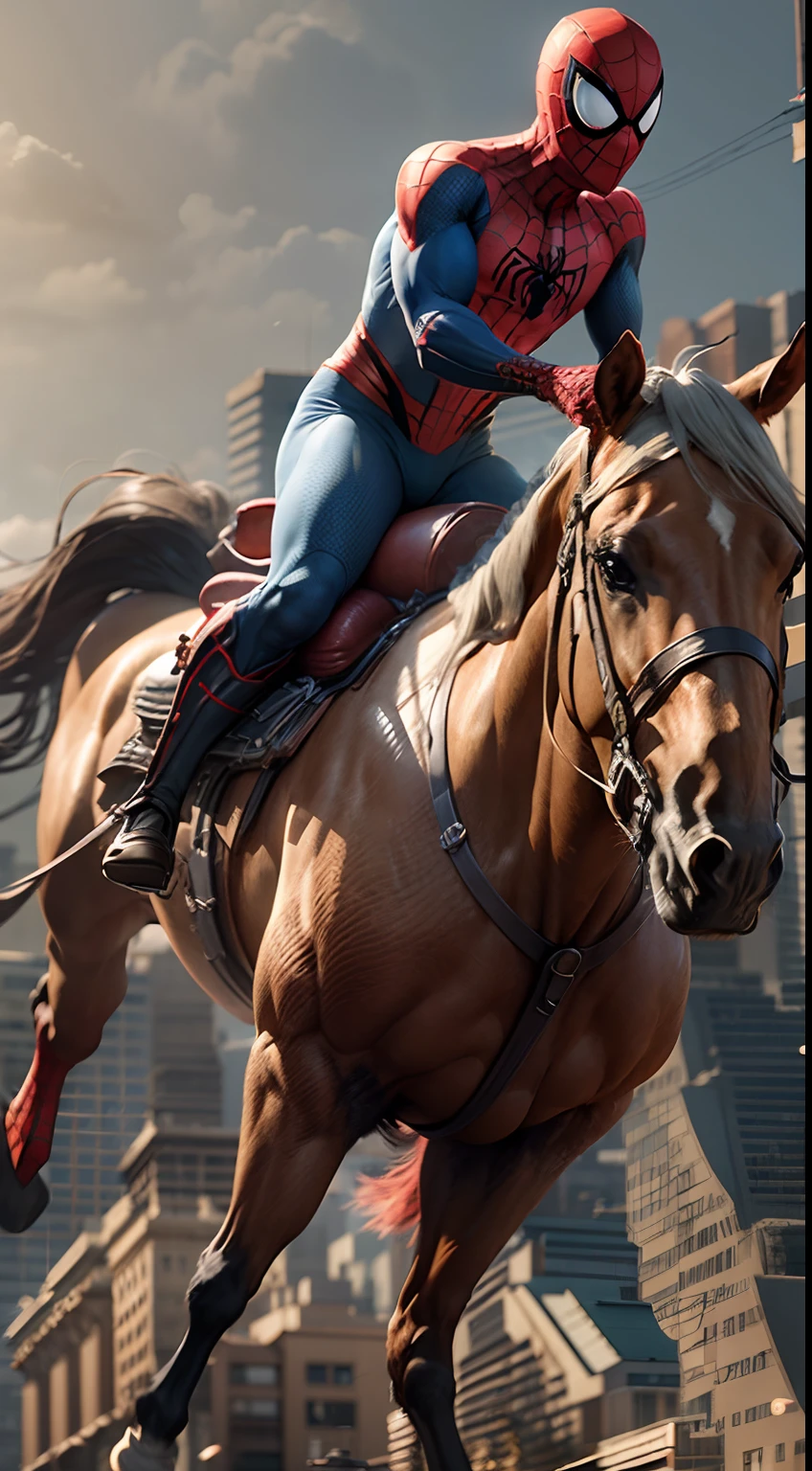 Spiderman riding horse. octane render, unreal engine, highly detailed, intricate
