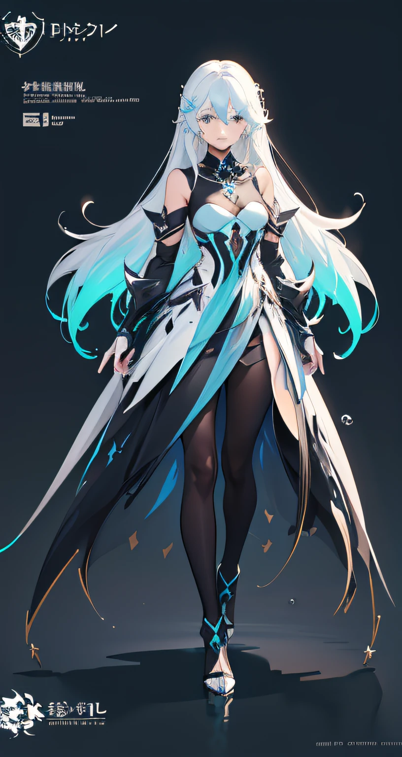 ((character concept art)), ((full body reference)), ((chibi art reference)), ((head reference)), ((side reference)), concept design, logo, text, ((official art)), ((design sheet)), ((long hair in the form of water)). ((elegant, super detailed)), ((pastel colors)), ((multiply pictures)), ((stylized)), black background, ((glowing accessories)), ((amazing jewelry)), ((deep gradients)), full in style, 1girl, ((12k))
