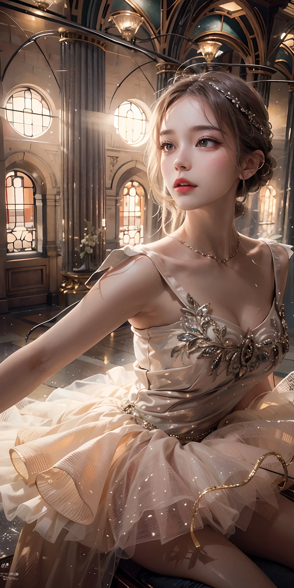 photorealistic, high resolution, soft light,1women, solo, hips up, shining skin, (detailed face), tutu dress, ballet dance