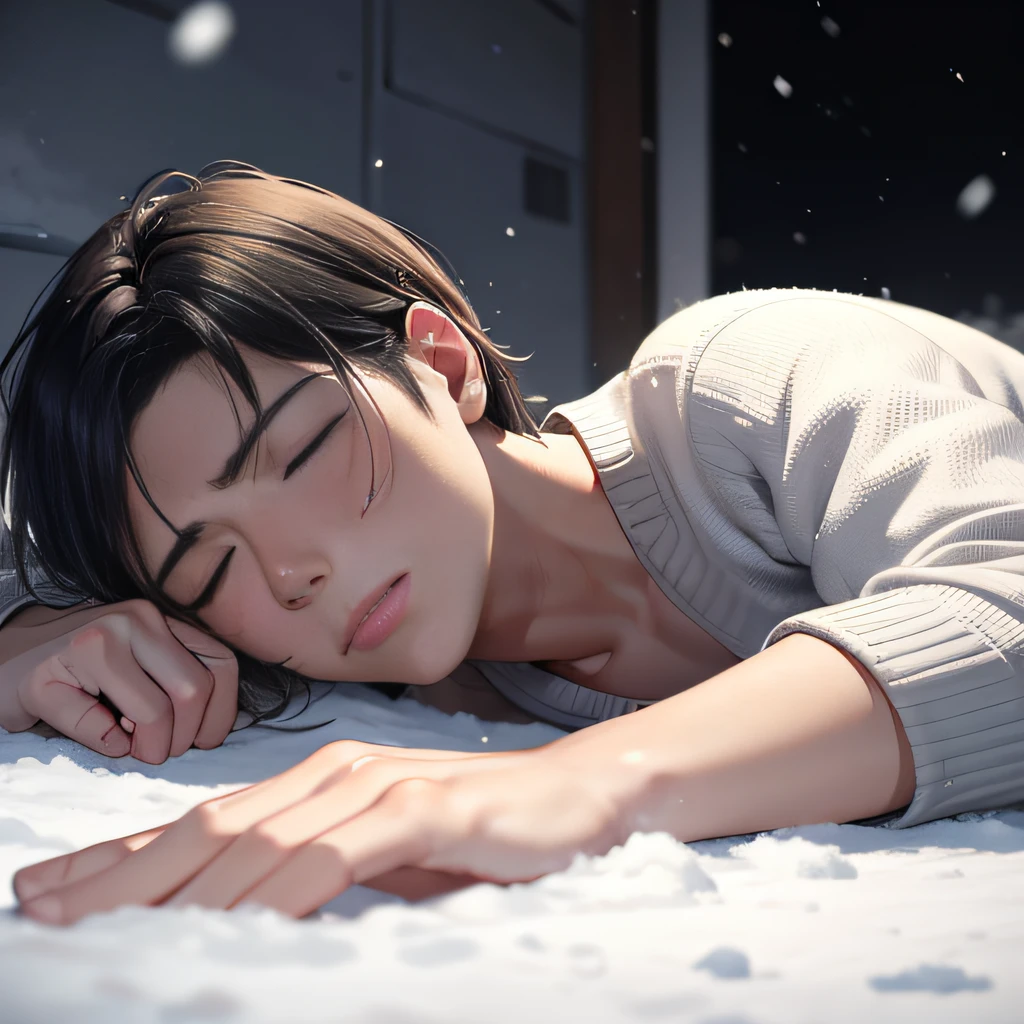 A man,Handsome face,Lie on the ground,closing her eyes,It was snowing outside,crestfallen