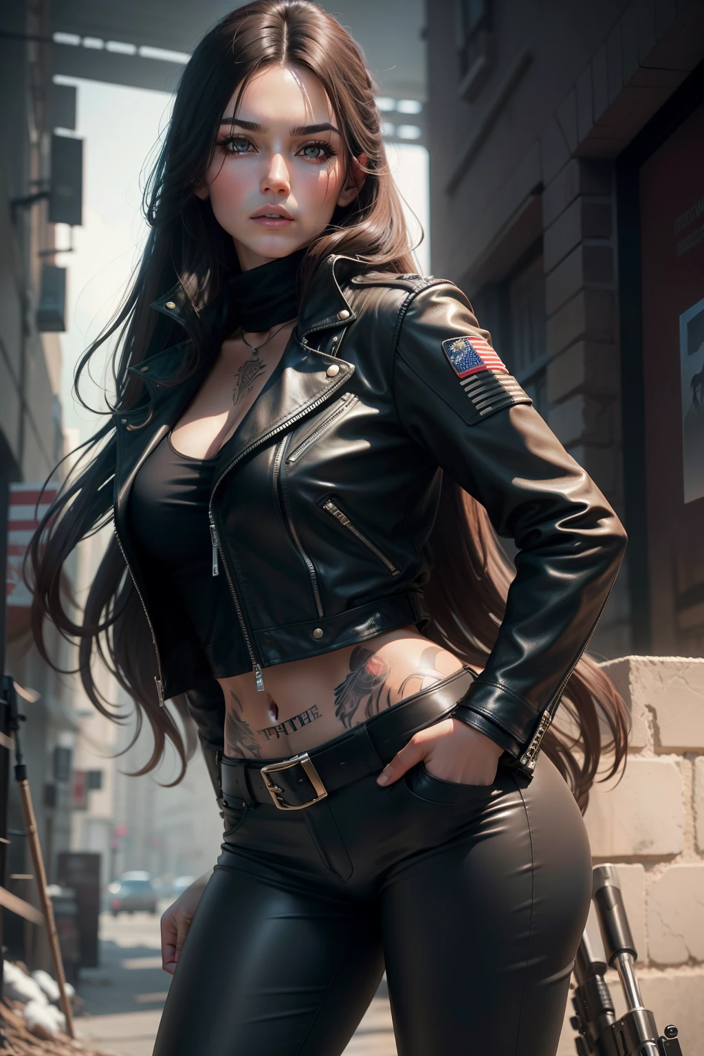 "tmasterpiece,top-quality,Poster cover,A woman with long brunette hair wore a leather jacket and leather pants,Carrying a sniper rifle,There are minor tattoos on the arms。"