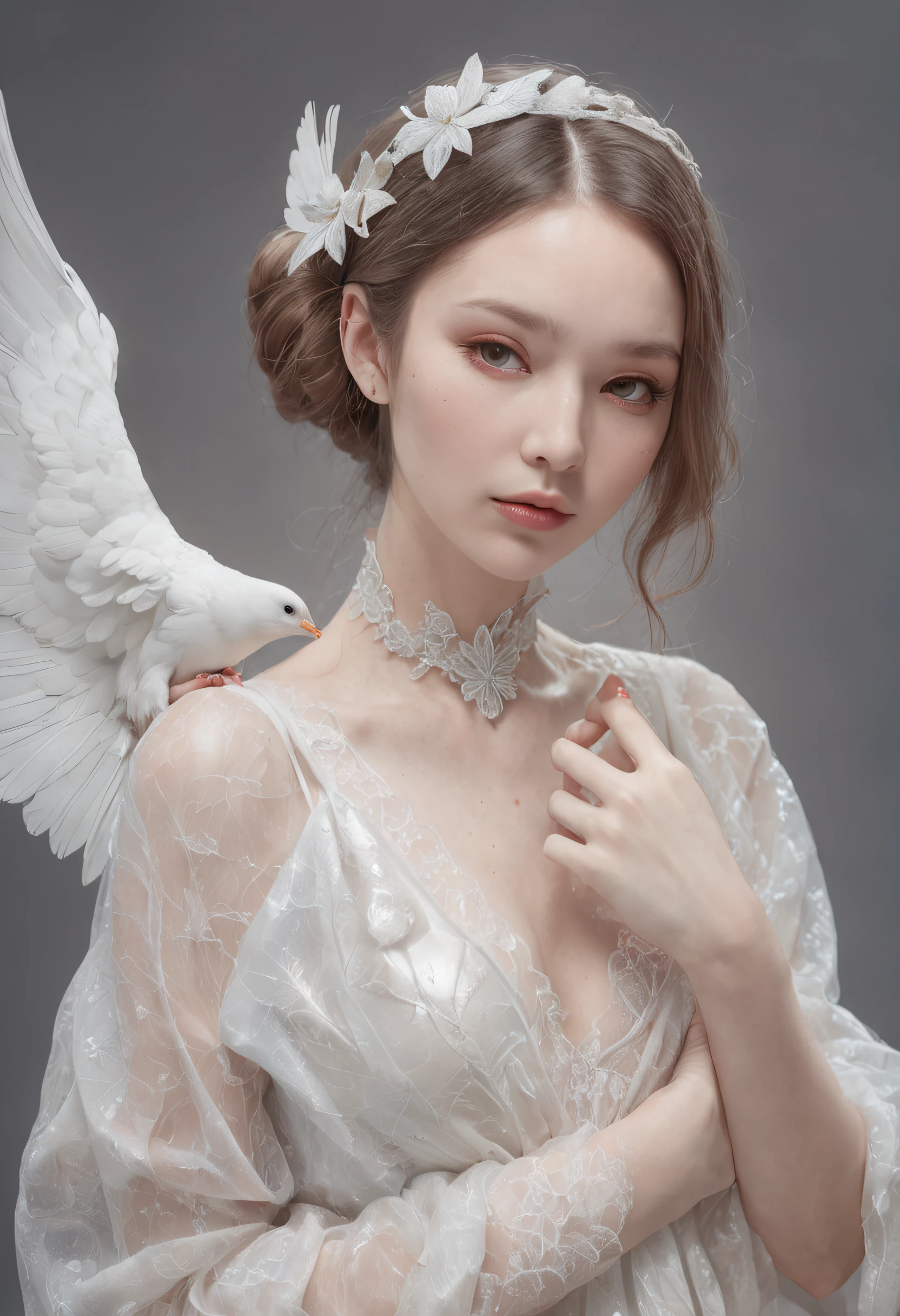 a drawing,The painting depicts a woman with white wings and a dove, Full body like,inspired by Miho Hirano, watercolor detailed art, author:Mary Angel, inspired by Naoko Takeuchi, inspired by Marie Angel, Alphonse mucha and rossdraws, ethereal fairytale, Inspired by Rebecca Gay, trending on artstration, watercolor colored painting, Watercolor illustration style, goddess of love and peace, mysterious, club, Nigo, Gopro view, textured, High contrast, Game icon, Bohemian colors, McBrin, X-ray illumination, Super detailed, photorealistic materials, Interior design, V-Ray rendering, 4K,Full body like,