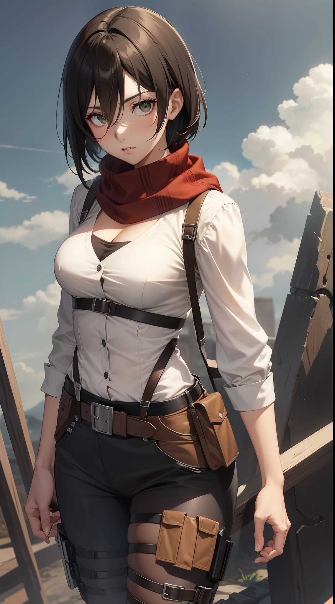 aot style, shingeki no kyojin,
mikasa ackerman,cleavage,Off-the-shoulder attire
1girl, arm strap, bangs, black hair, black pants, breasts, cowboy shot, embers, green eyes, grey background, hair between eyes, harness, long sleeves, looking at viewer, medium breasts, pants, red scarf, scarf, shirt, short hair, smoke, solo, thigh strap, brown jacket, white shirt, survey corps \(emblem\)
, ((masterpiece)), best quality
,