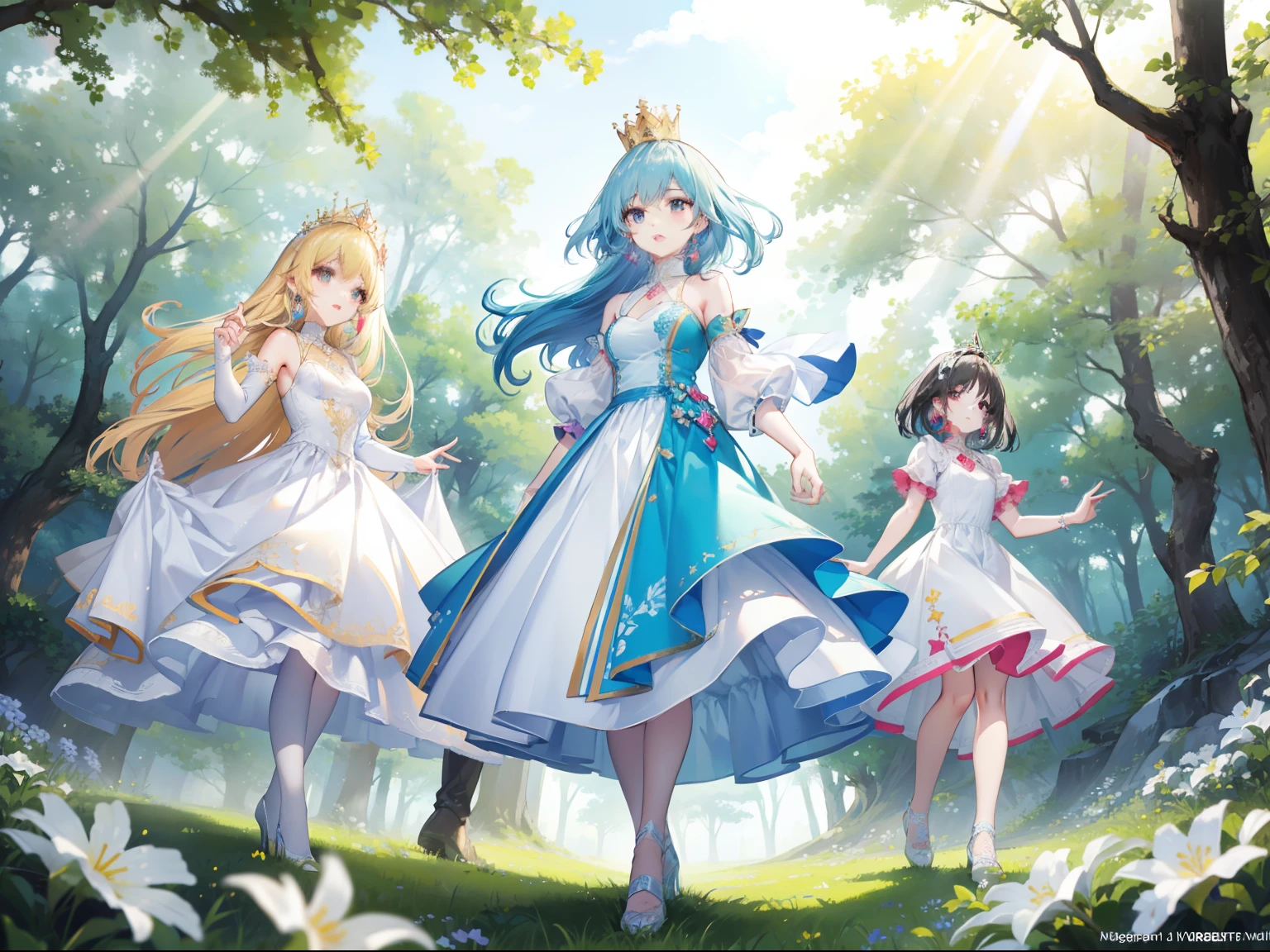 Sunny weather,There are blue skies and white clouds,Sunlight penetrates the forest,Shining on the grass,There is the Tyndall effect,In the forest,On the grass,There are three girls,Wear gorgeous princess dresses,On his head wears the crown of a princess,Wearing beautiful high heels on the feet,Run and play,The expression is happy,Apply lipstick,With earrings。