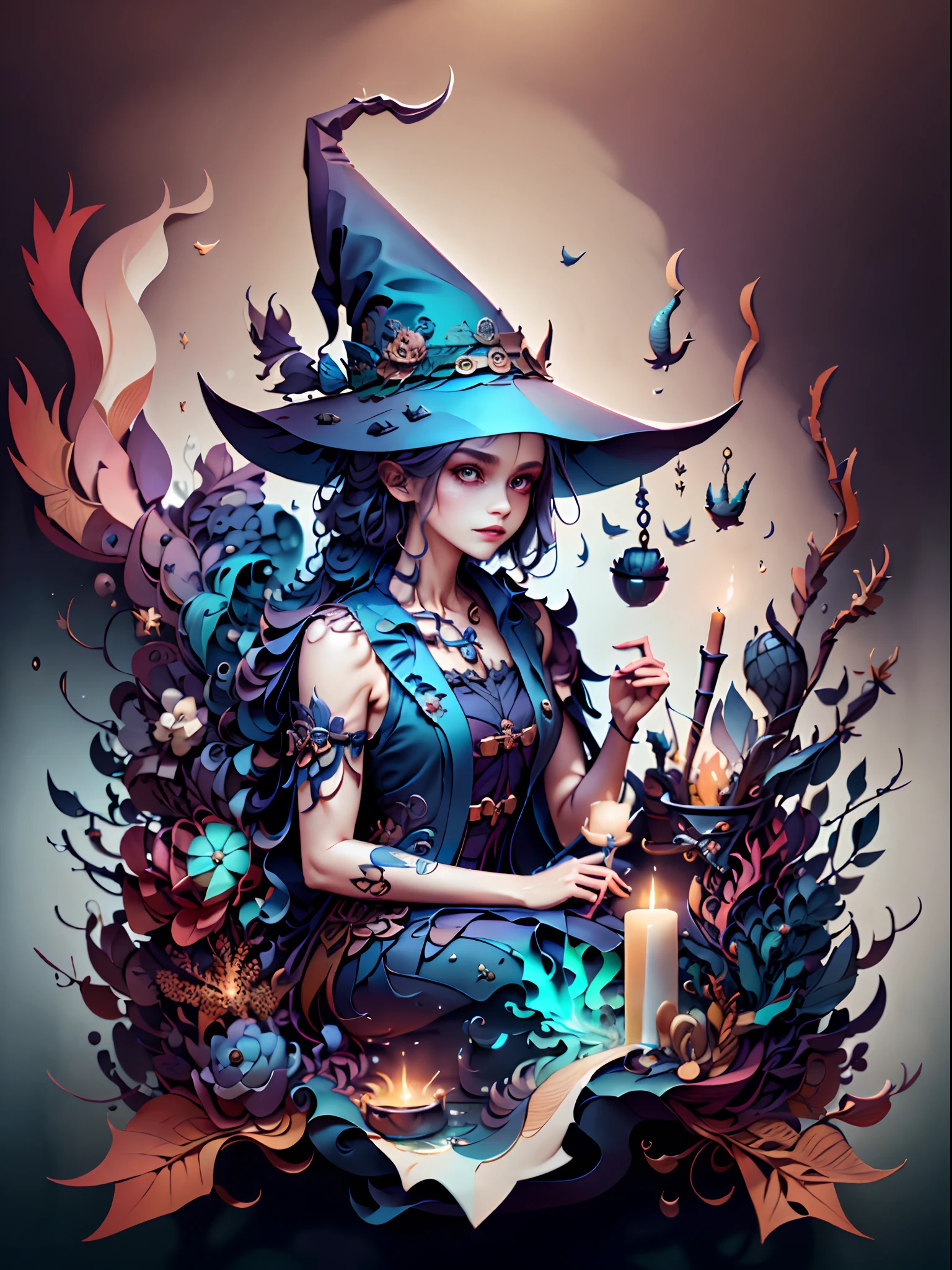 (((masterpiece))),best quality, illustration, WitchcraftPunkAI fashion, 1girl, A witch wearing witch outfit, witch hat. vibrant color scheme, Soft light,(warm color:1.2),Water color painting, light background, best quality exquisite details,3d rendering,Octane render, pastel, paper_cut.