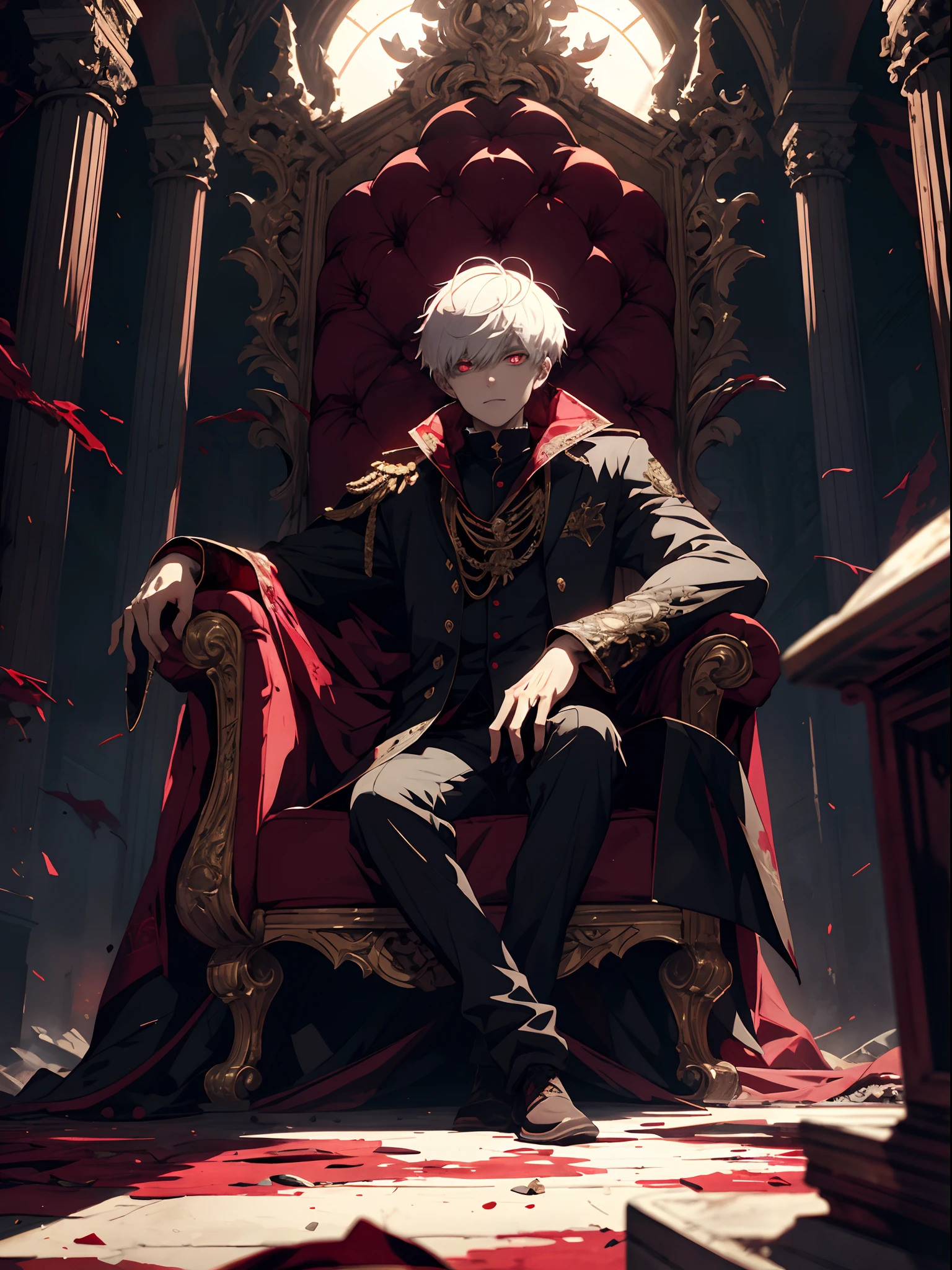 A picture taken from a video game of a man sitting on a throne - SeaArt AI
