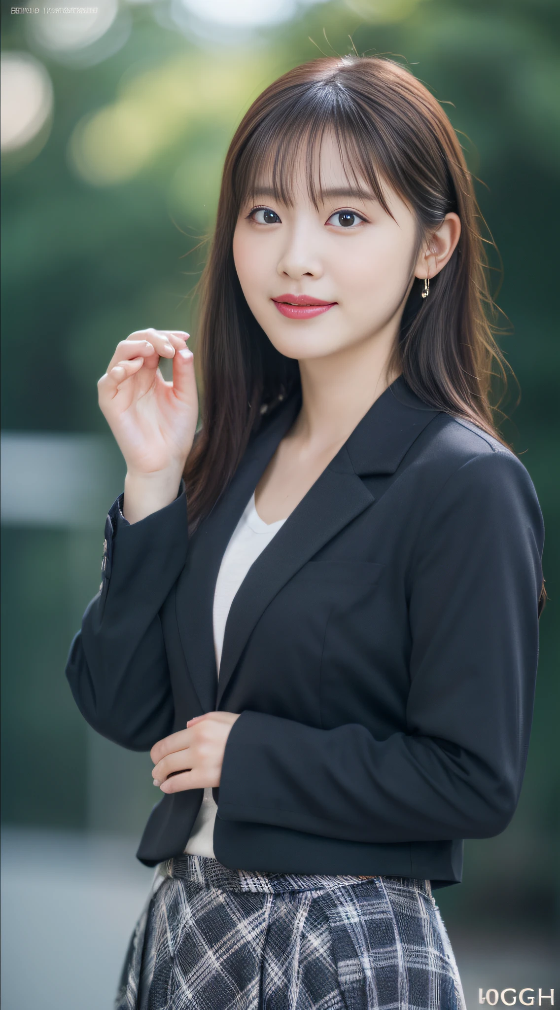 best quality, masterpiece, 1girl, Beautiful face, (photo realistic:1.3), rim lighting, (high detailed skin:1.2), 8k uhd, dslr, high quality, high resolution, 4k, 8k, Bokeh, absurdres, best ratio four finger and one thumb, (realistic:1.3), cute 1girl, wearing black formal blazer, medium breasts, short skirt,