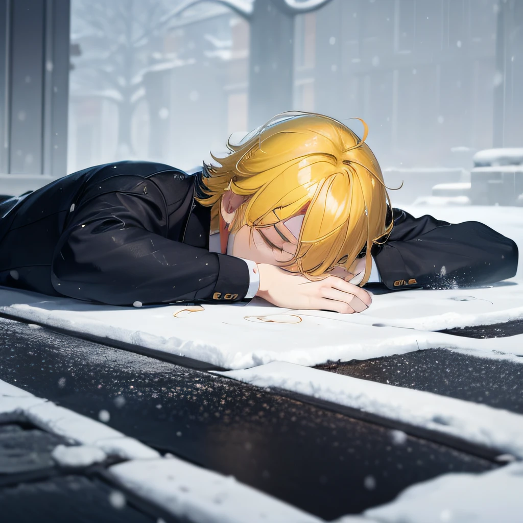 A man,Handsome face,A yellow-haired,Lie on the ground,closing her eyes,It was snowing outside,crestfallen