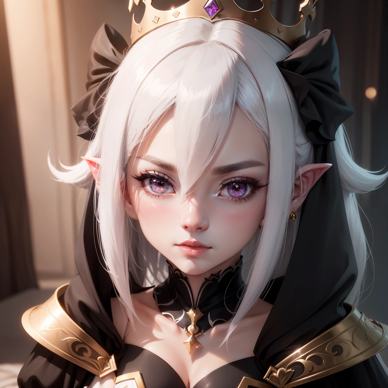 black hair, white hair, crown, heart-shaped pupils, long pointy ears, blush, blush, Surrealism, anime, cinematic lighting, 8k, super detail, UHD, 16k
