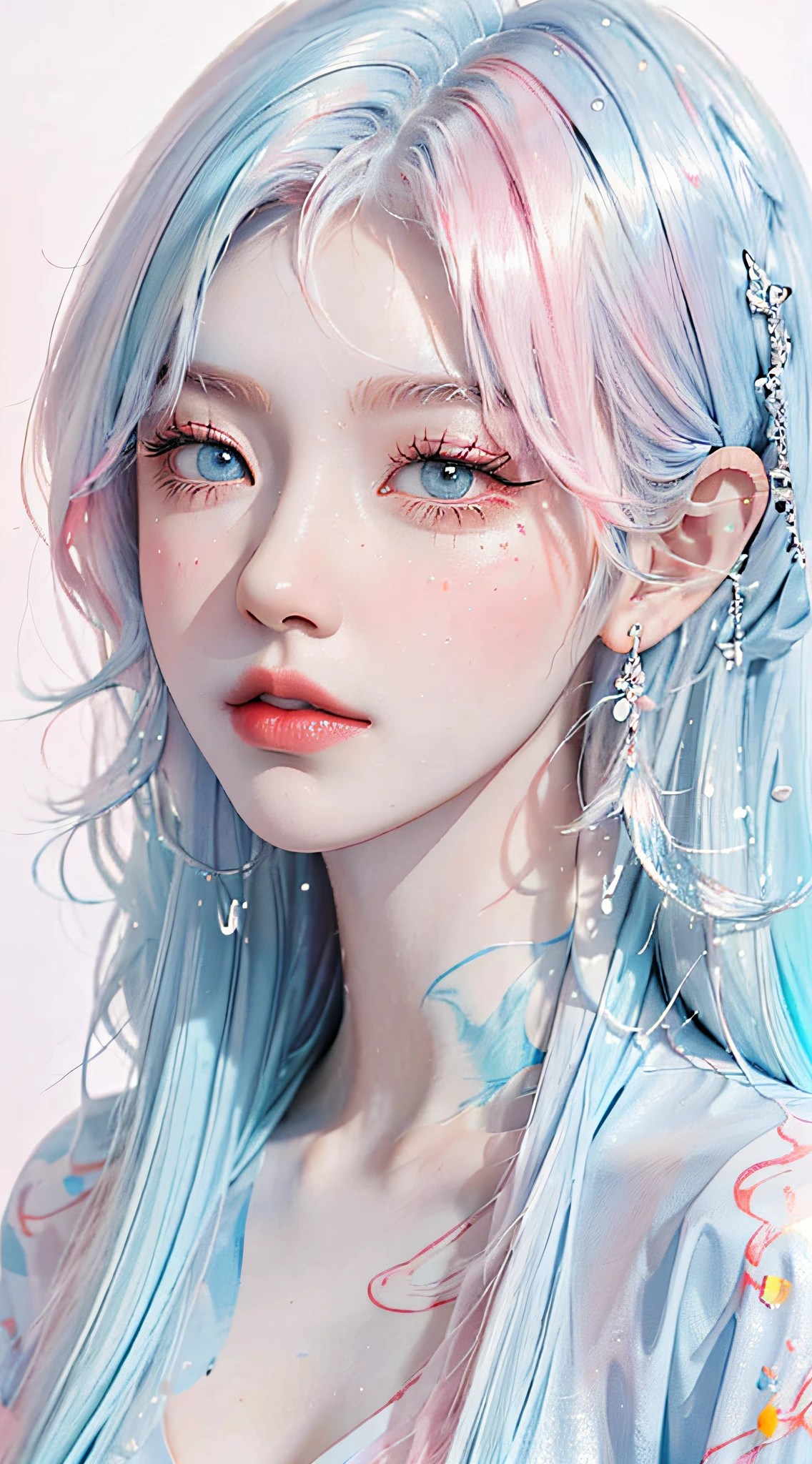 (Masterpiece, Best Quality, High Resolution), White Background, Acrylic Paint, ((Color Splash, Splash of Ink, Color Splash)), Sweet Chinese Girl, Long Light Blue Hair, [Light Blue|Pink] Hair, Curly Hair, Glitter, Peach Lips, White Shirt, Front, Upper Body
