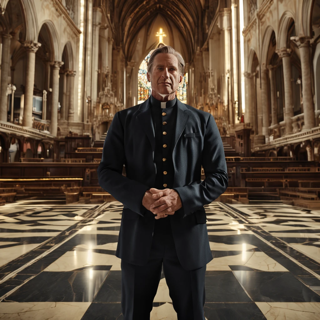 masterpiece, best quality, 8k, photorealistic, perfect lighting, church background, 2people\(a handsome 40-year-old caucasion king with slicked back hair and trimmed stubble kneeling to a 26-year-old priest\),
