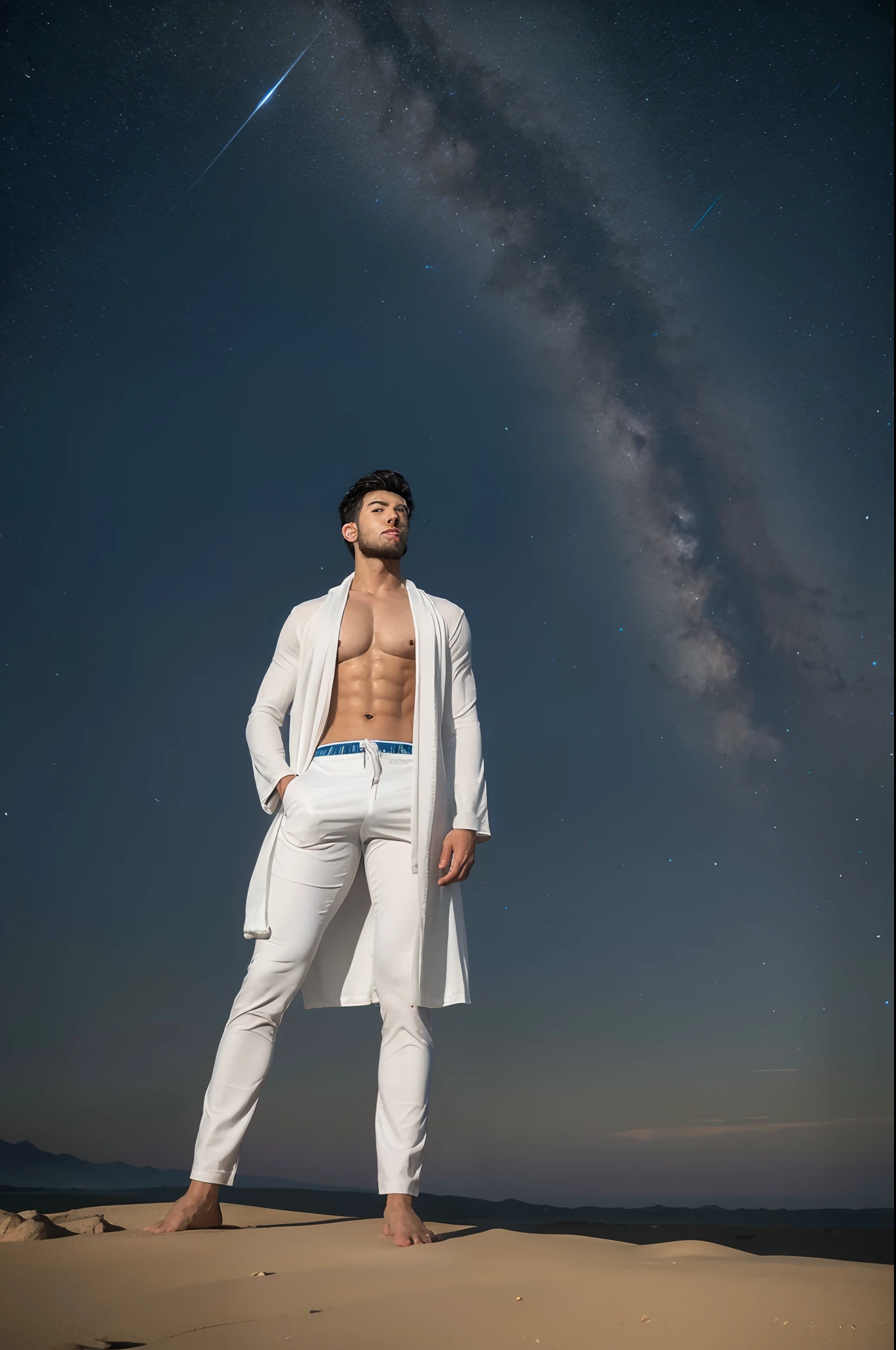 (8K, RAW photo, Highest quality),Realistic,2 handsome men,Stand on the endless desert,frontage,Intricate details,Extremely detailed eyes and eyelashes,Muscular male,Manly,looks away,Closed mouth,Male focus,Solo,Flying transparent robe,Exposing the pectoral muscles,Exposing abs,White transparent trousers,Barefoot,No shoes,full bodyesbian,Night sky,Soft lighting,Cinematic lighting,Portrait,Close-up,Lovingly
