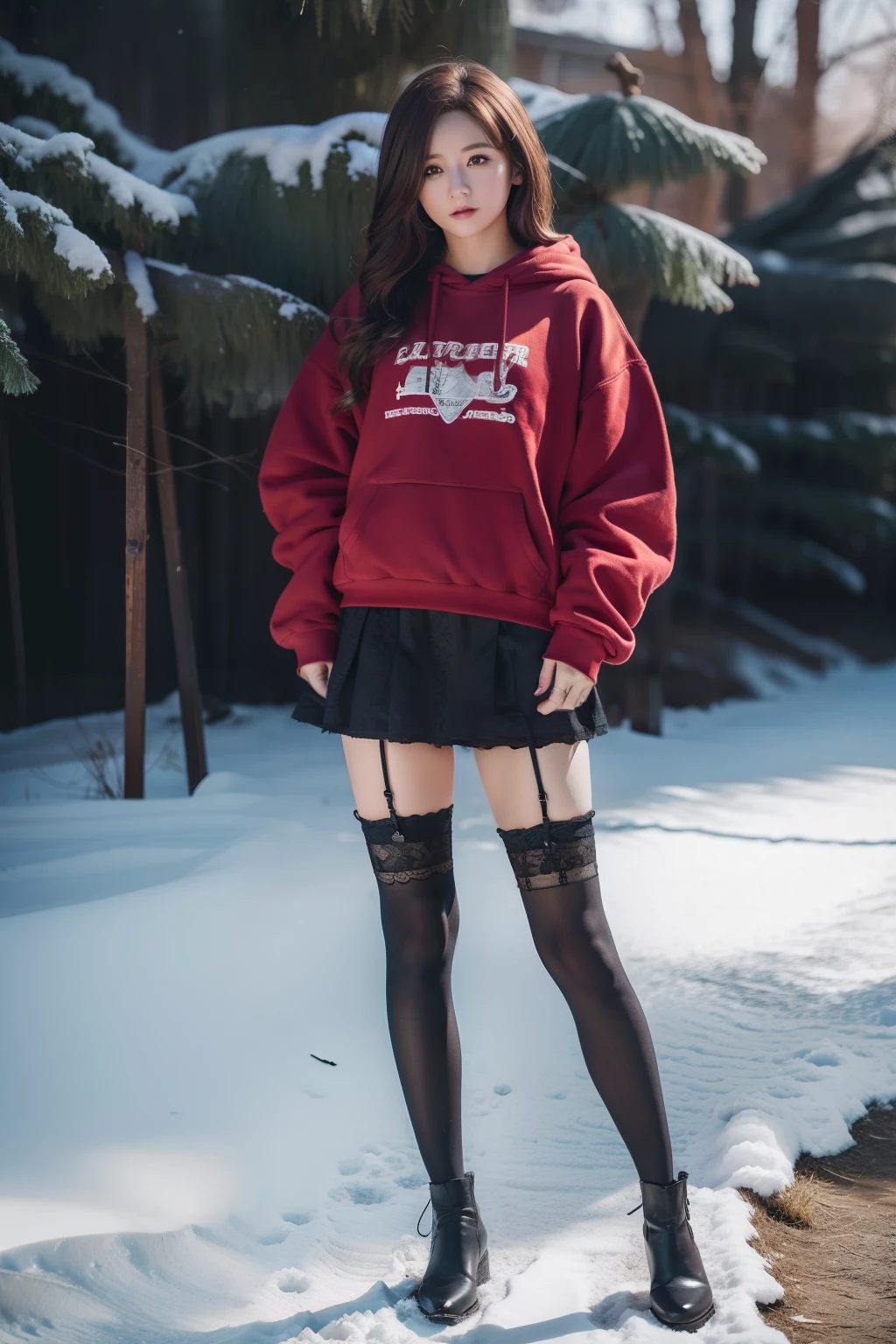 Winters,snow landscape,Beautiful age girl,lacepantyhose,Red sweatshirt,black short skirt,lacy stockings,围巾,depth of fields,Real light,Ray traching,OC renderer,UE5 renderer,Hyper-realistic,best qualtiy,8K,Works of masters,super-fine,Detailed pubic hair,Correct anatomy,Full body photo,are standing,Cowboy shot,model poses,