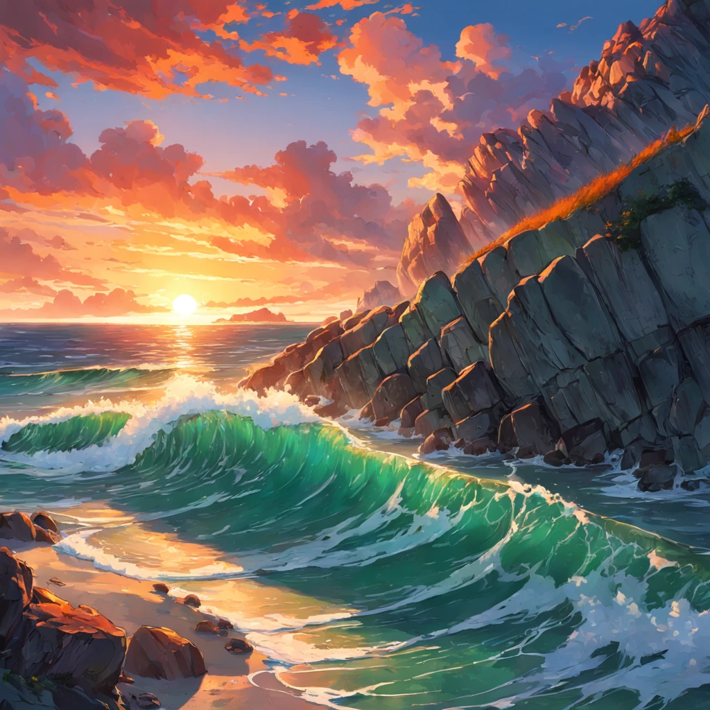 Sunset over the ocean with rocks and algae-covered water, chaotic sea setting, vibrant sunrise, vibrant sunset, author:Alexander Robertson, Orange rock, Landscape photo, Vivid red and green, epic sunset, author:Matthias Wescher, Today\'s featured photograph 4k, Sunset glow, epic sunrise, prime time, an amazing landscape image, breathtaking composition