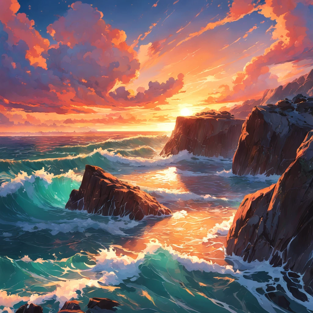 Sunset over the ocean with rocks and algae-covered water, chaotic sea setting, vibrant sunrise, vibrant sunset, author:Alexander Robertson, Orange rock, Landscape photo, Vivid red and green, epic sunset, author:Matthias Wescher, Today\'s featured photograph 4k, Sunset glow, epic sunrise, prime time, an amazing landscape image, breathtaking composition