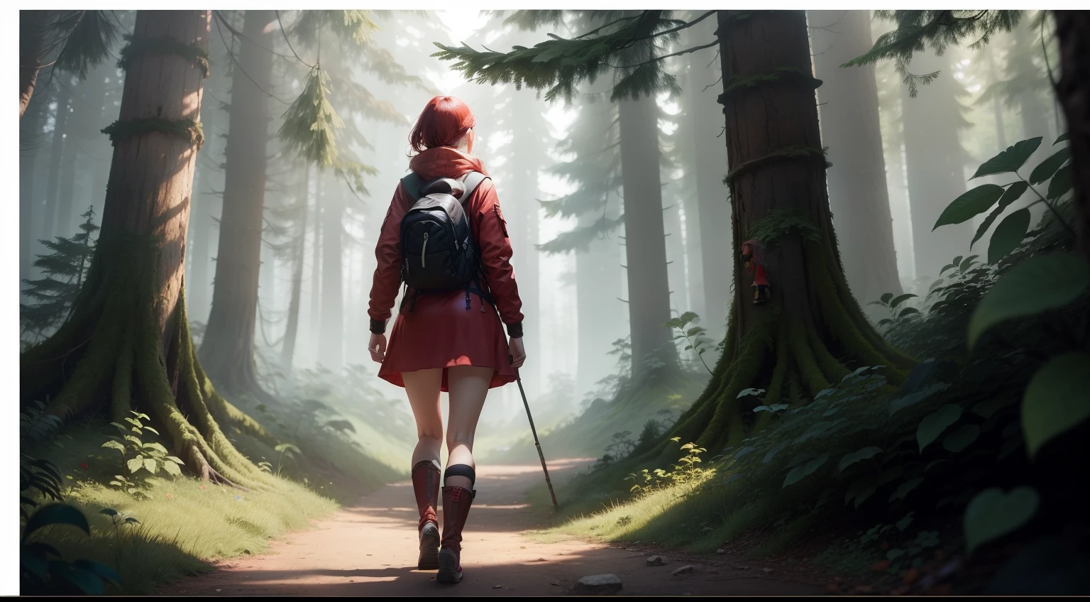 Generate a forest adventure cartoon,Only the back of the character is seen,Character: Girl in red,The picture is only a girl