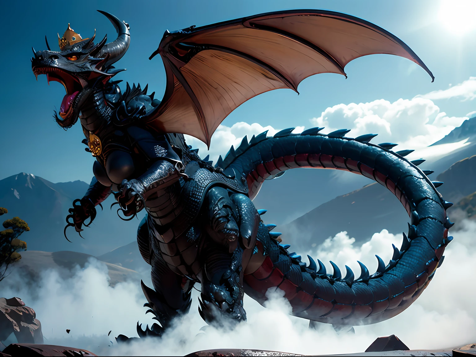 (demonic wings), Professional , masterpiece、top-quality、photos realistic , depth of fields 、(Dragon Black Metal Body:1.9),(Matte Blue Black、Bloody、(cleavage of the breast)、Dragon Gold Weapon(Dragon Metal Body:1.4),Gorgeous gold weapons ,(( Dragon's dense and gorgeous sword)) , (The dragon is rampaging) ,warhammer 40k , adepta sororitas,Detail and gorgeous crown、((Red hair))、(Castle background)、((Gangle's forest background))、Beautiful Caucasian beauty、1a person、dynamic ungle,(((Detailed and ornate Black Dragon Crown)))、Smaller head、A smile、Castle background、Thin and beautiful female hands、cleavage of the breast、Soldier in iron armor on background、Mystical expression、Light Effects、intense fighting、Wind-effect、magic circles、With the legendary magic wand、Dragon's tail、Toostock、