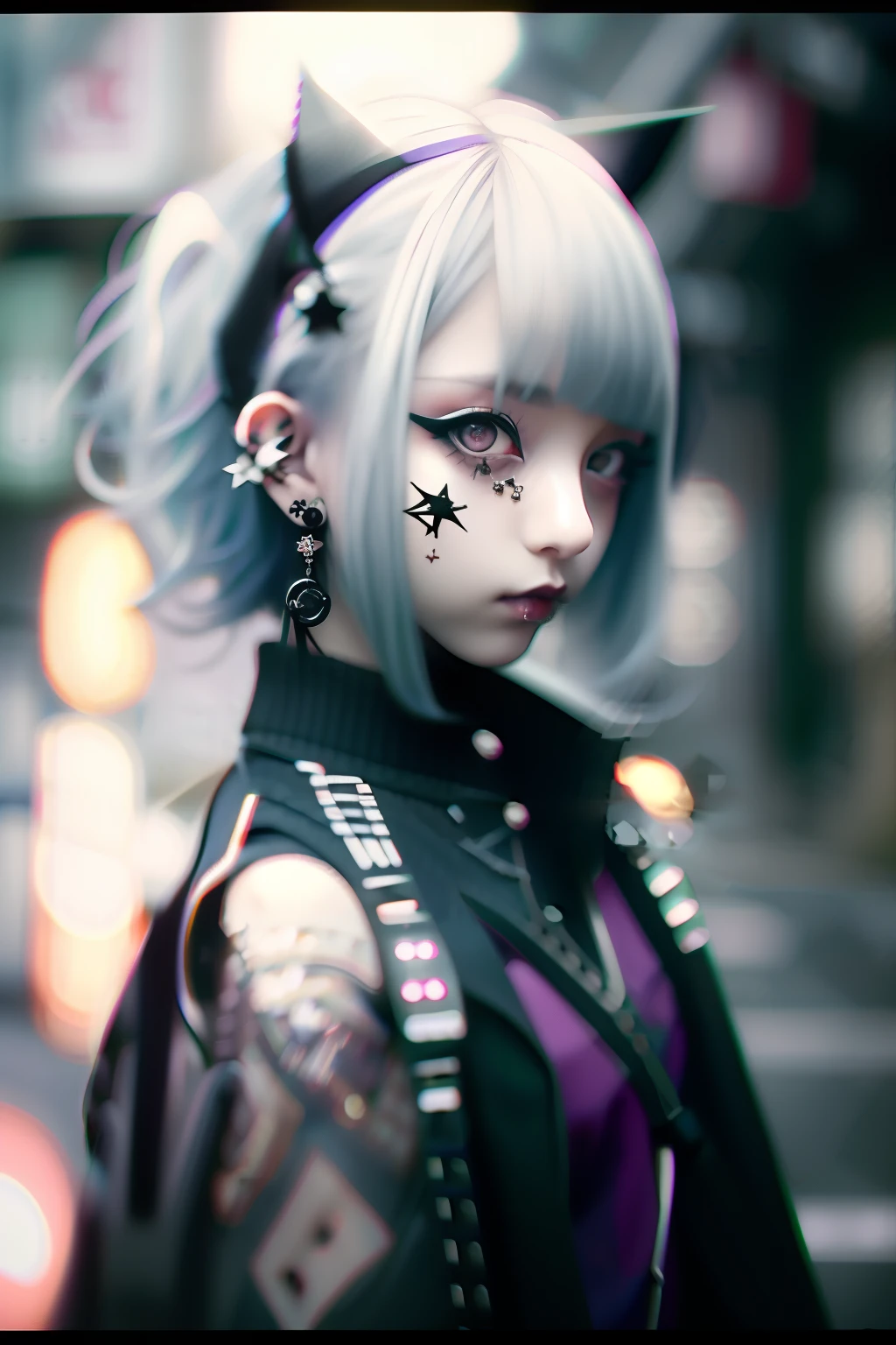 goth_punk, 1girl, solo, medium shot, walking in harajuku, ((night time)), bokeh, neon light, iridescent eyes, starry sky, white shimmer hair, white eyebrow, glowing hair, (iridescent white hair), earrings, bangs, jewelry, mask, blunt bangs, green eyes, mouth mask, blurry background, blurry, hair ornament, looking at viewer, short hair, portrait, sidelocks