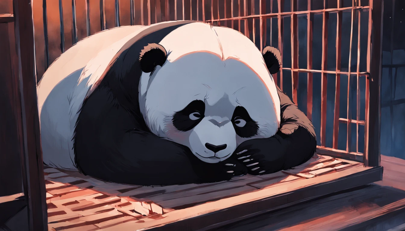 Draw a sad panda lying in its cage, slowly falling asleep