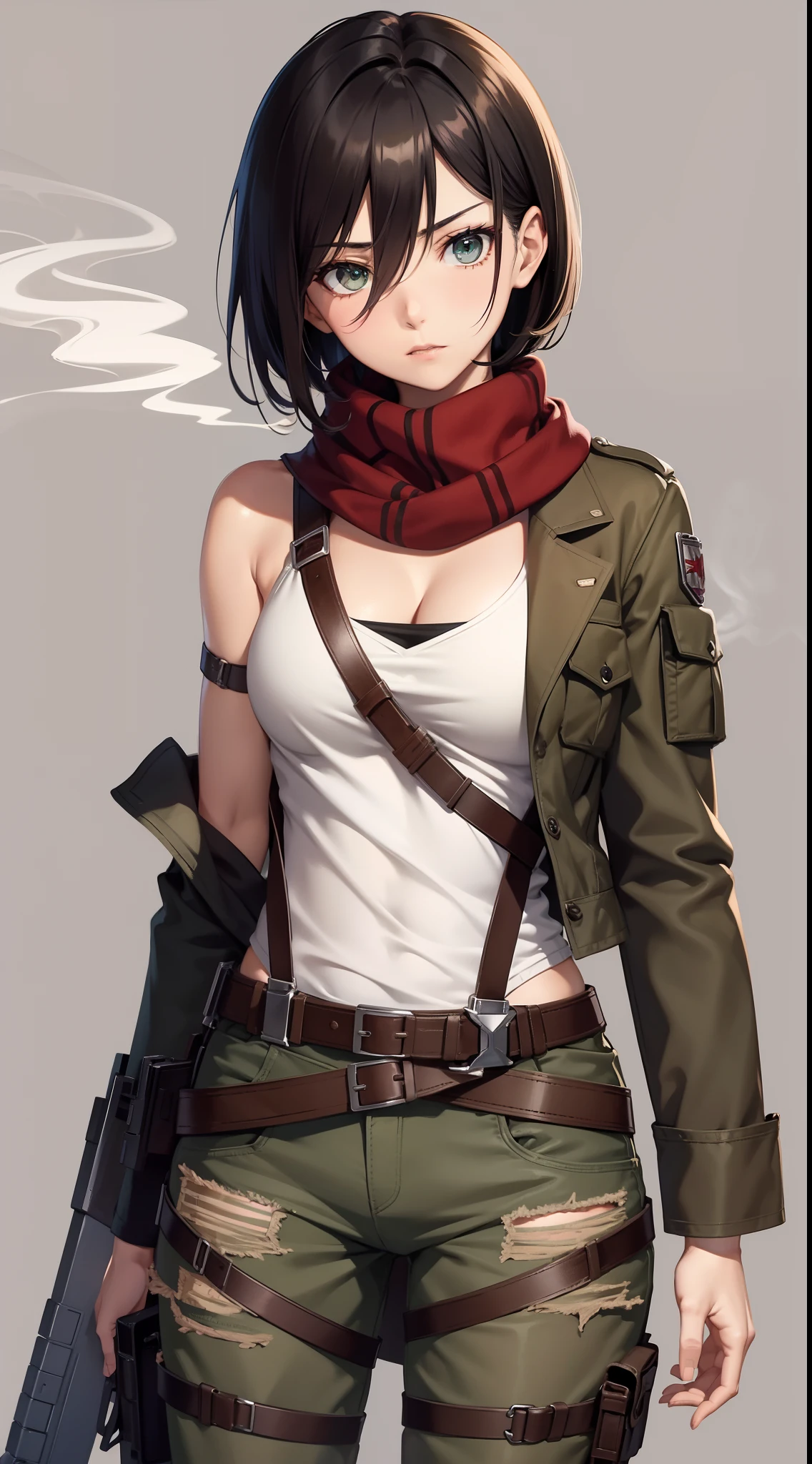 aot style, shingeki no kyojin,

mikasa ackerman,cleavage，Off-the-shoulder attire，Cut shirt

1girl, arm strap, bangs, black hair, black pants, breasts, cowboy shot, embers, green eyes, grey background, hair between eyes, harness, long sleeves, looking at viewer, medium breasts, pants, red scarf, scarf, shirt, short hair, smoke, solo, thigh strap,  brown jacket, white shirt, survey corps \(emblem\)

, ((masterpiece)), best quality
,