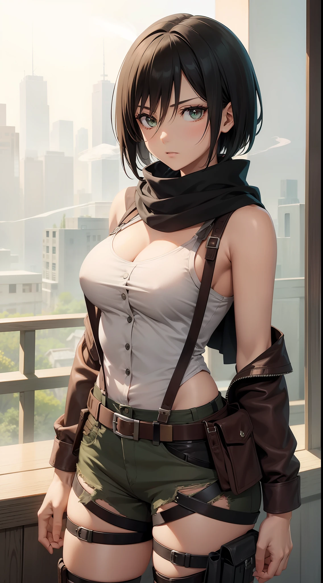 aot style, shingeki no kyojin,

mikasa ackerman,cleavage，Off-the-shoulder attire，Cut shirt

1girl, arm strap, bangs, black hair, black pants, breasts, cowboy shot, embers, green eyes, grey background, hair between eyes, harness, long sleeves, looking at viewer, medium breasts, pants, red scarf, scarf, shirt, short hair, smoke, solo, thigh strap,  brown jacket, white shirt, survey corps \(emblem\)

, ((masterpiece)), best quality
,