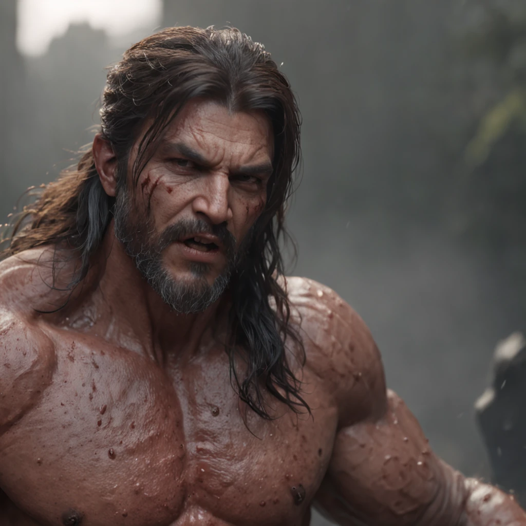 (professional 3d render:1.3) af (Realistic:1.3) most beautiful artwork photo in the world,Features soft and shiny male heroes, ((Epic hero fantasy muscle man rough wet hero angry looking long hair short beard and ferocious expression in dynamic pose, Fantastic location, Majestic cluttered environment)), Full body 8K unified rendering, action shot, skin pore, very dark lighting, heavyshading, Detailed, Detailed face, (vibrant, photograph realistic, Realistic, Dramatic, Dark, Sharp focus, 8K), (Old leather garments damaged by weathering:1.4), ((((Wear fur)))), (Intricate:1.4), decadent, (Highly detailed:1.4), Digital painting, rendering by octane, art stations, concept-art, smooth, Sharp focus, illustration, Art germ, (loish:0.23), wlop ilya kuvshinov, and greg rutkowski and alphonse mucha gracias, (Global illumination, Studio light, volumettic light), heavy rain, particles floating, lotr, fantasy, elf, full bodyesbian, ((Dark and ancient city background:1.3)),CGSesociety,art stations