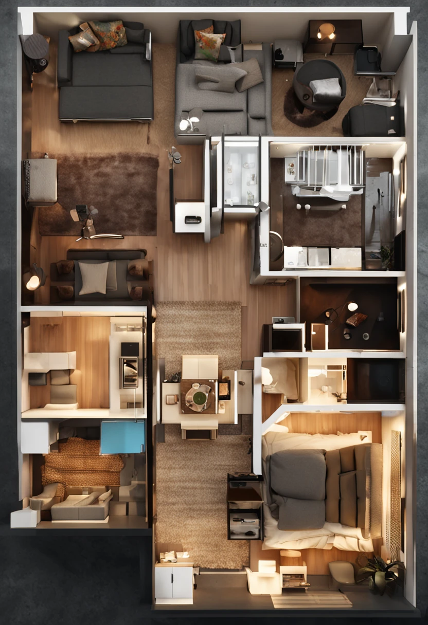 Overhead photos of the interior of the house show all rooms, The house is dark, and low light. matte black, There is a kitchen in the house, 2 bedrooms, Living room, 2 bathrooms, tables and chairs, Live in