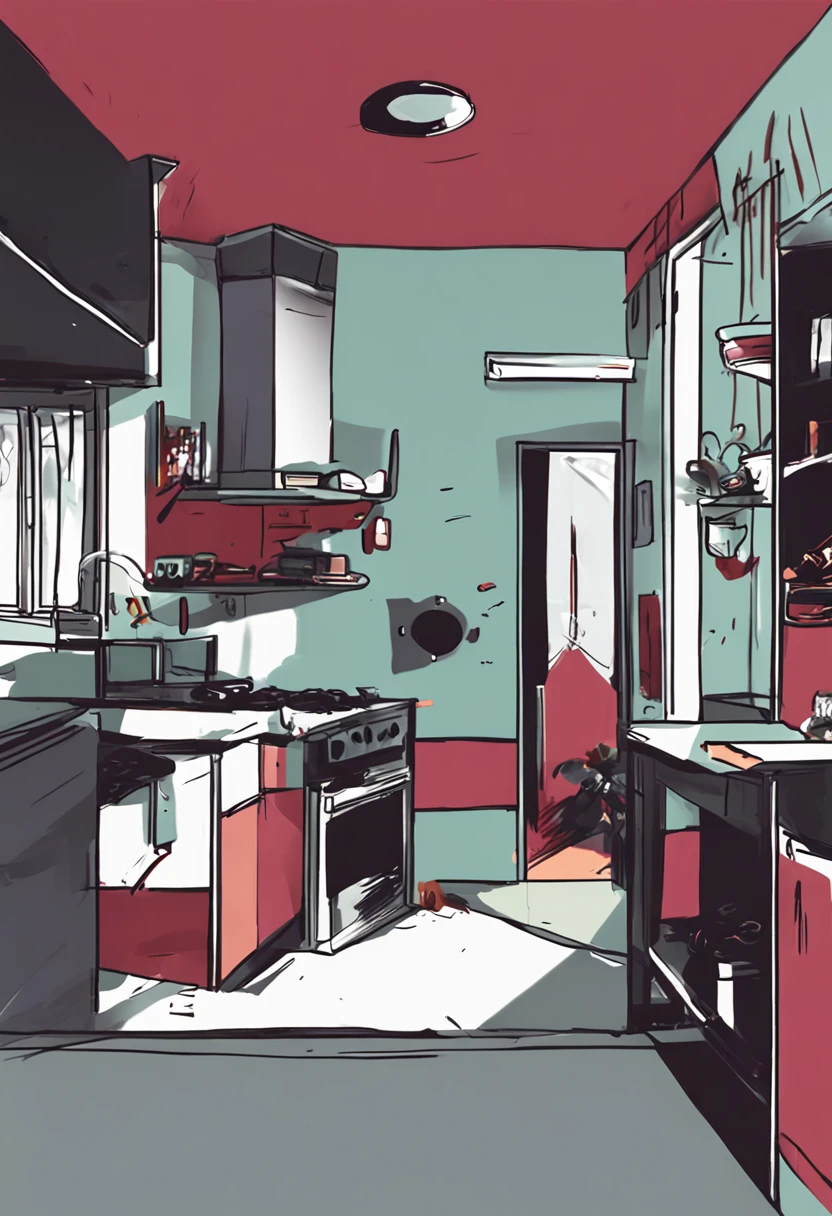 Overhead photos of the interior of the house show all rooms, The house is dark, and low light. matte black, There is a kitchen in the house, 2 bedrooms, Living room, 2 bathrooms, tables and chairs, Live in