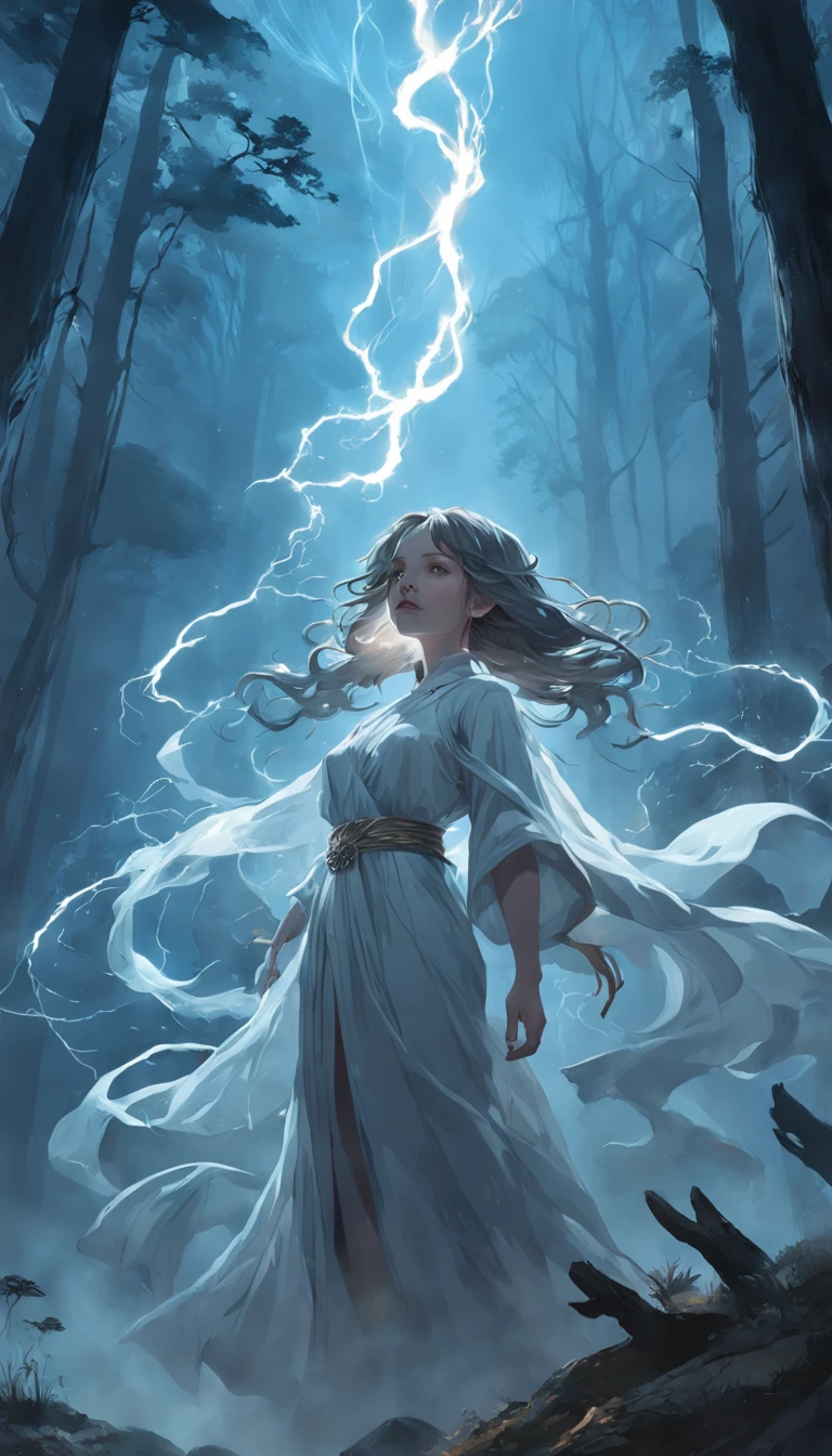 (Best quality, Masterpiece:1.2), ("Smoke" theme:1.1), (full bodyesbian:0.6), (Mysterious smoke lightning), A mysterious light shines in the forest, Stand on a girl captured by realistic splendor. The silhouette of her form is engraved with purpose, Shadows and thick silhouettes blend together，Defines her ethereal presence. In this fascinating portrait, She stared firmly upwards, Embodies the fusion of strength and vulnerability. Isolated and mysterious, She cast an unwavering concentration spell, Her lips pursed intently and gently. Dressed in a flowing white robe, Her hair fluttered in the wind, Imitates the movement of a choppy sea. The exquisite skill of mushrooms:&Vadim Kashin the maximum way:1.5 complex and deep textures in detail, A testament to skill and imagination. In this surreal dream, The forest is full of bioluminescent plants, A range of colors echo the stars above. The mesmerizing chorus of floating deep jellyfish adds a captivating aura to the scene, Their gentle undulations create otherworldly dances in the fog. The juxtaposition of the earth and the ocean, Forests and oceans, Depicted in stark contrast, Each element complements each other in a harmonious symphony. The work breathes life into the ethereal through artist WLOP's fractal halo and cosmic femininity, Infuse the environment with an otherworldly aura. In this enchanting environment, She shines with bioluminescence, Sparkle in a soft haze. Engaging scenes are crafted with complex renderings of octane renderings, Striking a balance between exquisite details and immersive beauty