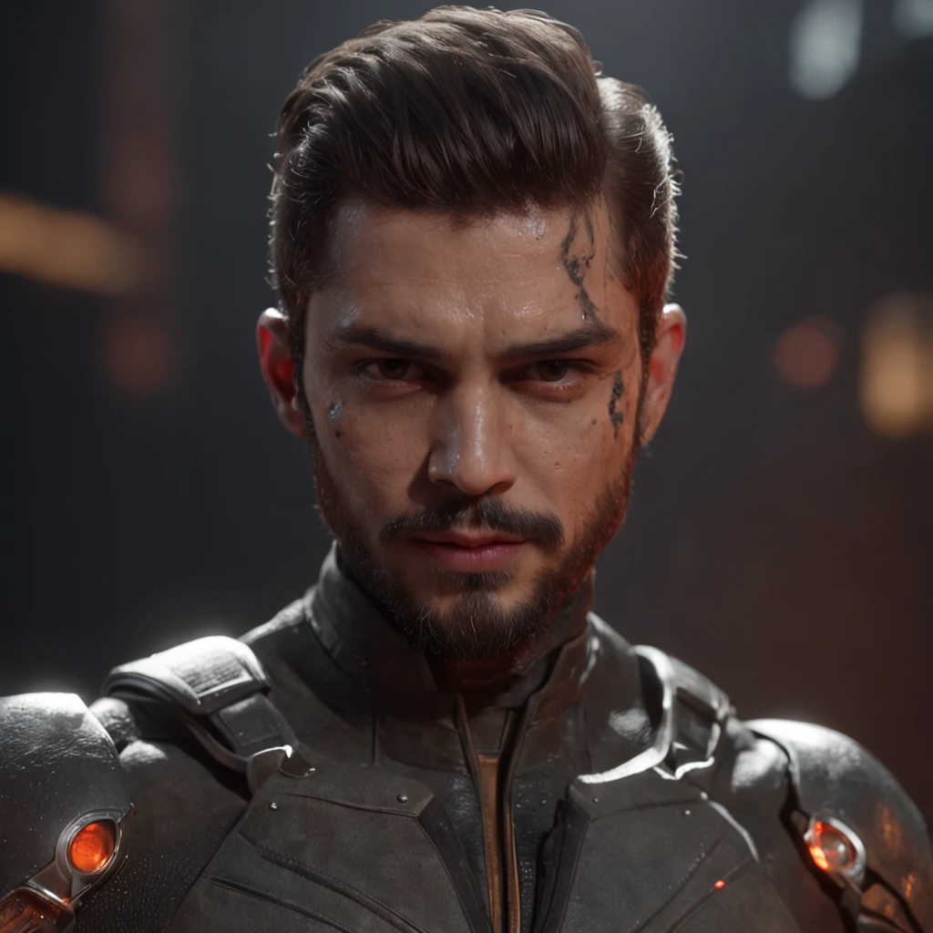 (Professional 3D rendering:1.3) de (Realistic:1.3) foto de arte mais bonita do mundo，soft features, brilliant male heroes, ((Epic fantasy hero, Wet hero angry look, wavy hair 2b and not well cut a bit messy, Short beard and fierce expression in dynamic pose, fantastic location, majestoso ambiente desordenado)), corpo inteiro 8k unidade render, action shot, poros da pele, very dark lighting, sombreamento pesado, circunstanciado, Cyberpunk, Blade Runner , futurista Rosto detalhado, (Vibrando, fotografia realista, Realistic, Dramatic, Escuro, foco nítido, 8k), (Roupas de couro velhas danificadas pelo mau tempo:1.4), ((((Use peles)))), (intrincado:1.4), decadente, (altamente detalhado:1.4), Pintura digital, rendering by octane, art stations, conceito-arte, liso, foco nítido, , germe da arte, (Loish:0.23), Wlop Ilya Kuvshinov, e greg rutkowski e alphonse mucha gracias, (global ilumination, studiolight, light volumetric), chuva forte, floating particles, patife, fantasia, CGSesociedade,art stations, sobretudo marrom com detalhes realistas, sobrevivente, cidade neon, com arma em um mundo distopico, sobretudo marrom, luzes neon, Colouring, cidade iluminada, jogador, futurista, roupas futuristas, sobretudo, tecnologia