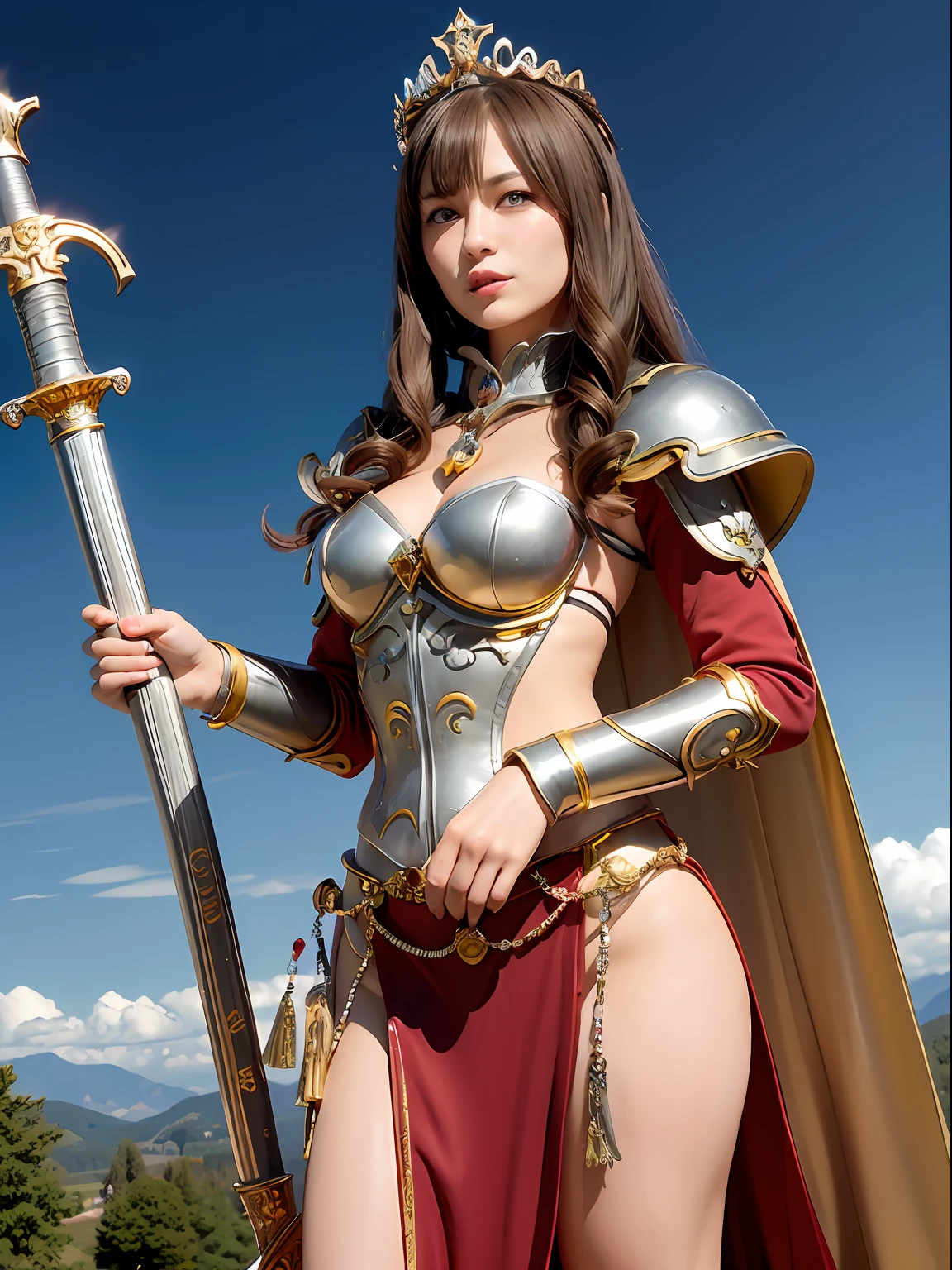 Professional , masterpiece、top-quality、photos realistic , depth of fields (Gemstone Silver Metal Body:1.9),(Matte Silver、Jewel Gold Weapon、(Gorgeous castle background)、Holding the Sword of Heroes、(Jewel White Metal Body:1.4),((Gorgeous Jewel Metal Weapons)) , Fighting、((Holding the Sword of Heroes)) ,(close-up,dream magical,tornado ) ,(Micro Bikini Armor),warhammer 40k , adepta sororitas,Detail and ornate jewel crown、Brown hair、(Gangle's forest background)、1a person、dynamic ungle,(((Diamond tiara with detail and luxury)))、a small face、A smile、Powerful poses、(Gorgeous castle background)、huge filesize、20 year old beautiful woman、Stand in the center of the screen、Thin female fingers、Straight long hair、Beautiful Caucasian beauty、Mystical expression、Lightly open your mouth、,Luminescent particles,light scattering,Tindall Effect、Fighting、Twin tail hair、