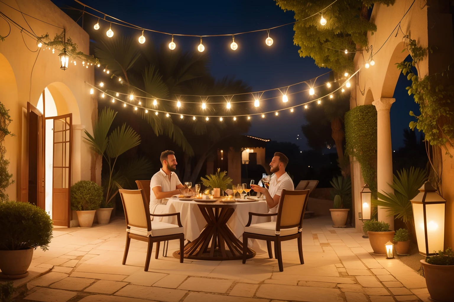 Date: 2021
Country: Cyprus
Description: An adult enjoys a lavish outdoor dinner in a chic courtyard of a traditional Cypriot villa, surrounded by flickering lanterns, lush greenery, and friends engaged in lively conversation.