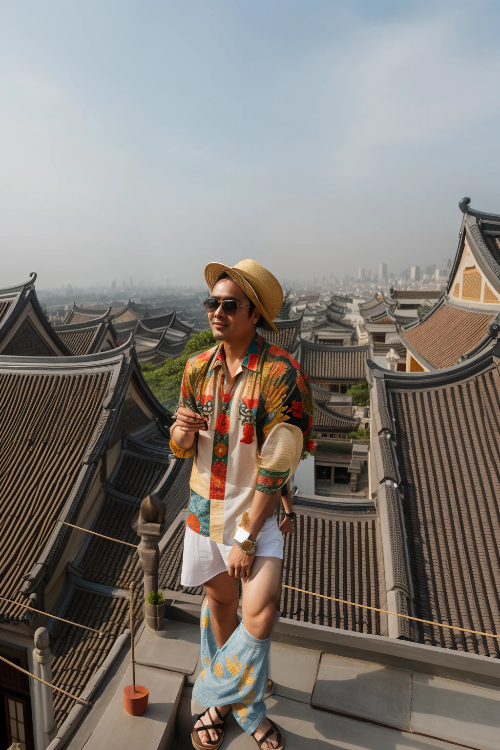 araffed man in a hat and sunglasses standing on a roof, on rooftop, in a rooftop, in style of lam manh, at an ancient city, with a city in the background, on a rooftop, standing on rooftop, standing on a rooftop, with straw hat, hoang long ly, wearing a travel hat, bao phan, wearing sunglasses and a hat
