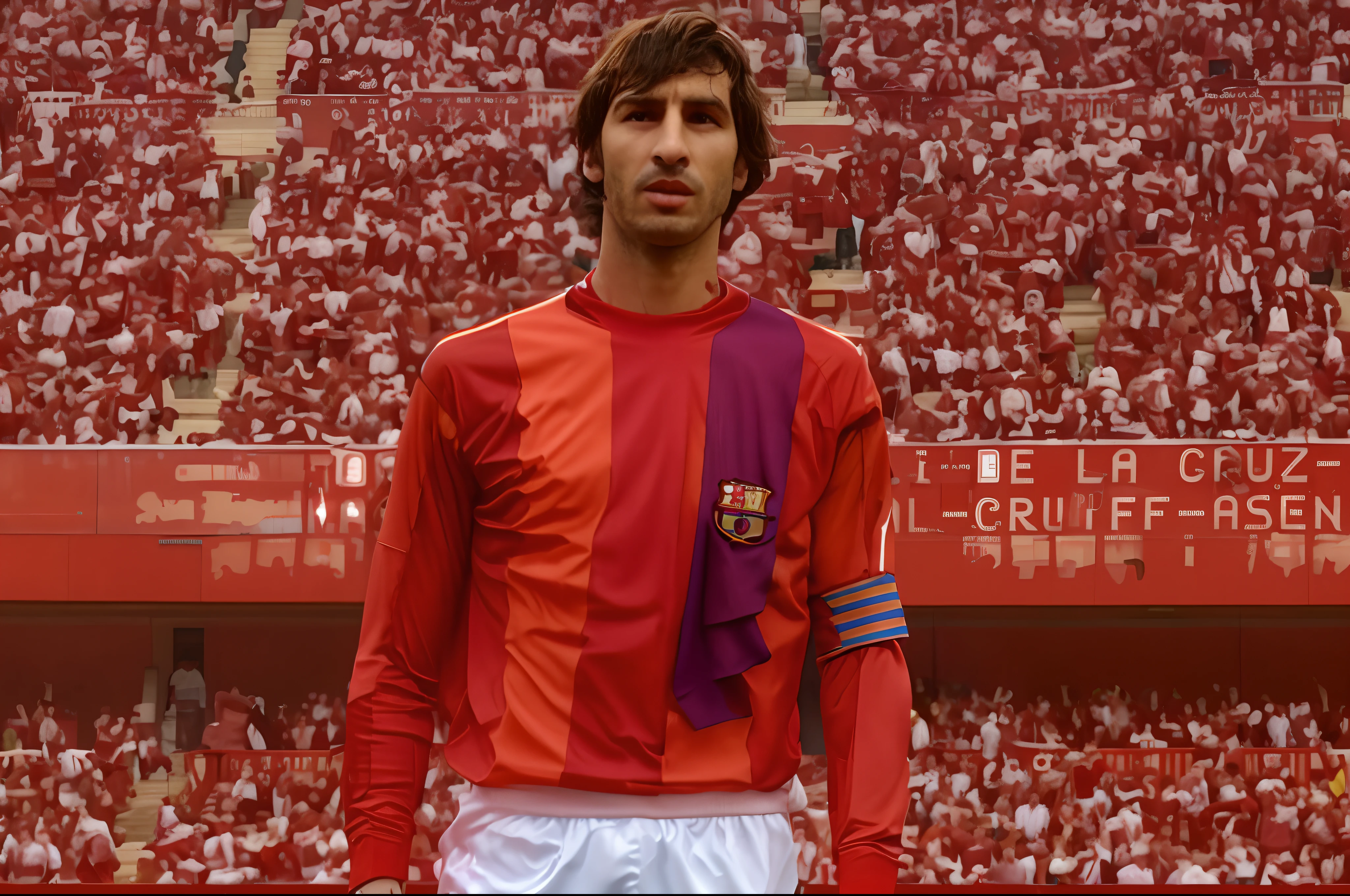 arafed image of a man standing in front of a crowd, inspired by Perin del Vaga, wearing a barca cape, inspired by Modest Urgell, the best ever, pepe moreno, inspired by Ferenc Joachim, zaragoza gilberto soren, boris vallego, messi, carles dalmau, juanjo guarnido, pitt, anton, with 2023 Liverpool jersey
