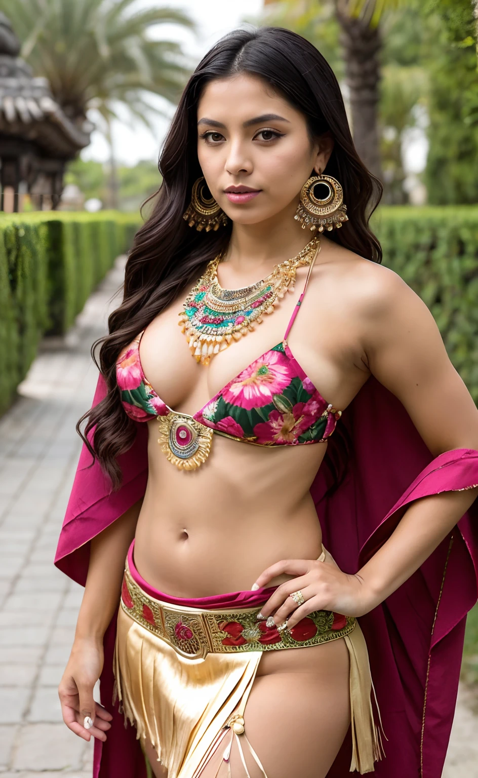 (Masterpiece - Illustrations - Detailed - Best Quality)) - Anime Style - Genshin Impact Style - 1 Woman - Inspired by Mexican Adelitas Full Body - Native Mexican - Aztec - Long Black Hair - Dark Brown Skin - Stunning Look - Traditional Wear Mexican - poncho - pink Mexican skirt - sash at waist and abdomen - closed huaraches - gold bracelets, earrings and necklaces - imposing presence - flower petals in the environment-