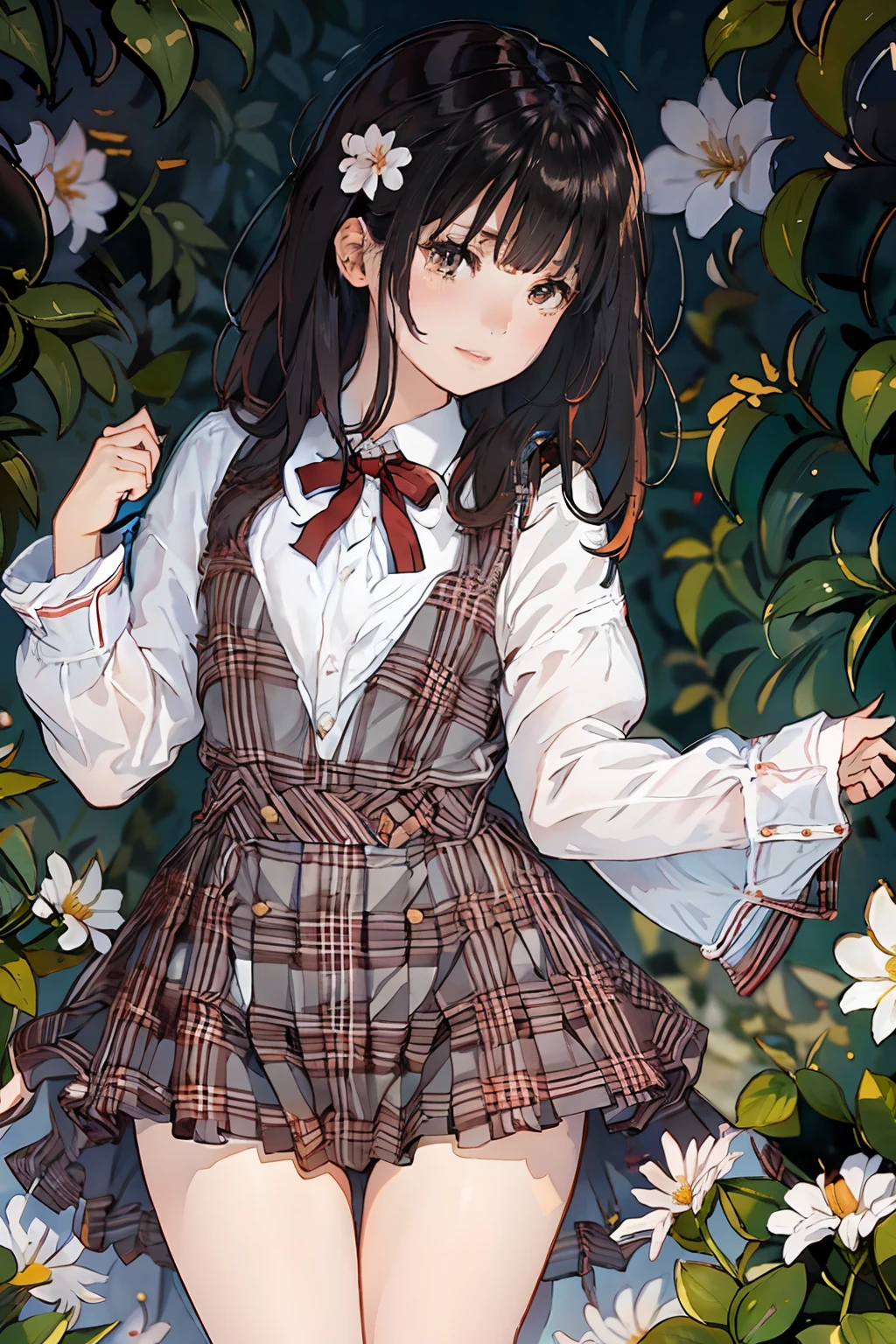 masterpiece, best quality, 1girl, nogizaka_costume, cowboy shot, thighs, beautiful girl, flowers, many small petals, garden, blue sky, looking at viewer, small waist, official art, raw photo, incredibly absurdres, facelight, dynamic lighting, cinematic lighting, ultra realistic, highres, photography, sharp focus, highest detailed, extreme detailed, ultra detailed, finely detail, extremely detailed eyes and face