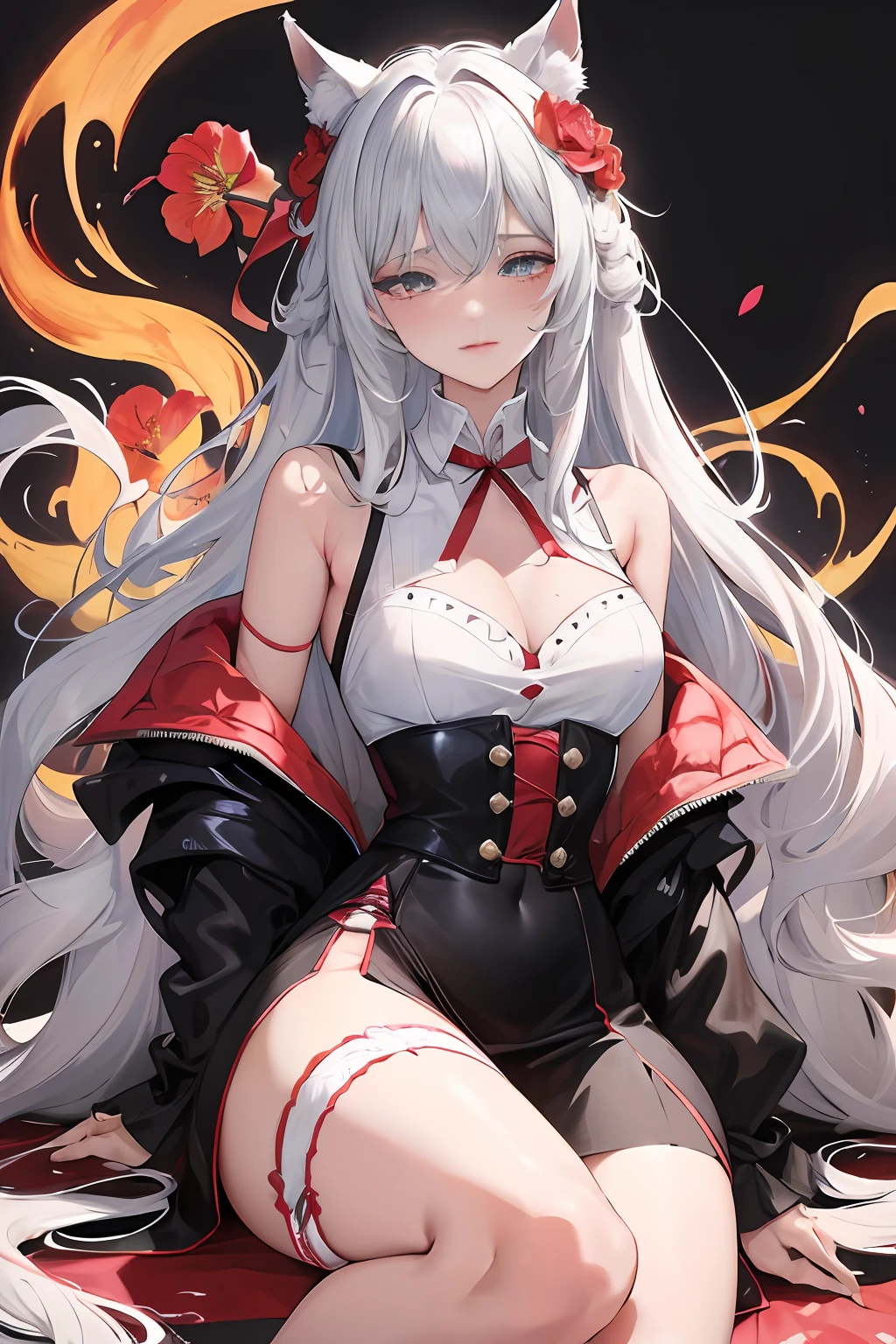 a girl,Sheep's horn, full color, long white hair, Red眼睛 ,Eyeliner, black transparent clothes, Red, open air, Rose, night, ruins, Butterfly,mine same as the original, mine, , (:1.2)
rest, (cheongsam), (view from below), (Put your arms behind your back), (wild lift), thin dress, Crotch cutout, best quality, high resolution, unified 8k wallpaper, (illustration:0.8), (Beautiful and delicate eyes:1.6), extremely detailed face, perfect lighting, Very detailed cg, (perfect hands, perfect anatomy),soles of feet,sitting,blond,red lips,Acting cute,close up,up-close